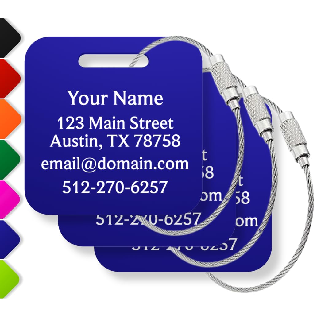 Custom Personalized Luggage Tags - 3 or 6 Pack Durable Waterproof Suitcase & Backpack ID Tags for Travel - Heavy Duty Dark Blue Travel Accessories - Perfect for Airports, Cruises & Business Trips