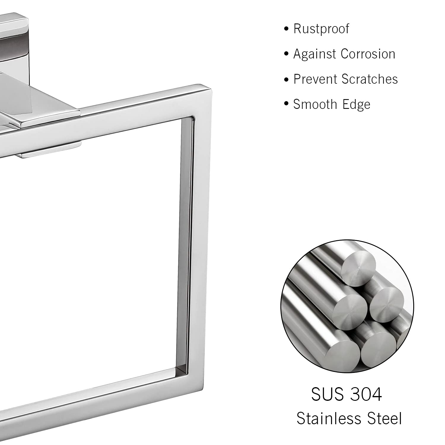 5-Piece Stainless Steel Bathroom Hardware Set - 304 Thickened Square Towel Rack, Chrome Polished Hand Towel Holder & 2 Robe Hooks for Modern Bathroom Decor - Perfect for Home, Hotel & Spa Use