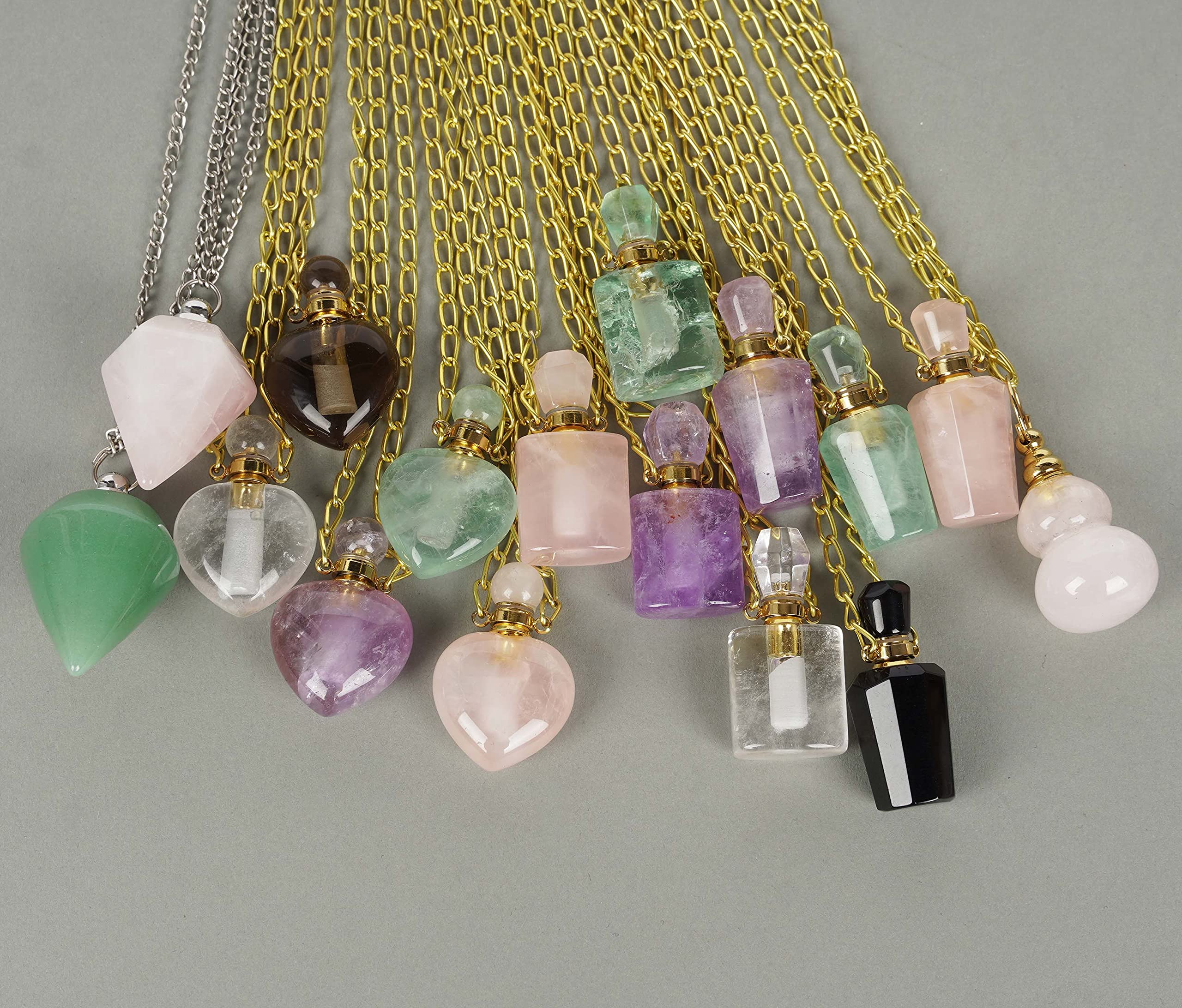 Natural Rose Quartz Pendant Necklace - Healing Crystal Gemstone Perfume Bottle Essential Oil Diffuser with Gold Plated Chain for Men & Women | Spiritual Healing, Meditation & Fashion Jewelry Gift