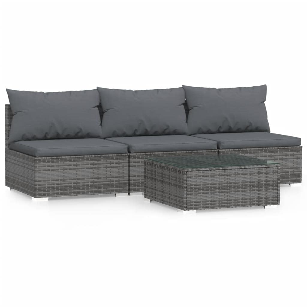 vidaXL 4-Piece Patio Lounge Set - Gray Poly Rattan Sectional Sofa with Cushions & Pillows for Outdoor Garden, Backyard, Balcony, or Lawn | Perfect for Relaxing, Entertaining, and Sunbathing