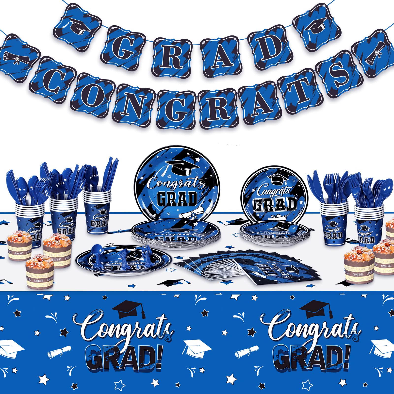 2024 Graduation Party Supplies Kit - 24-Piece Disposable Dinnerware Set with Plates, Napkins, Cups, Cutlery & Blue Decorations for College & High School Graduations - Perfect for Graduation Dinners, Celebrations & Photo Backdrops