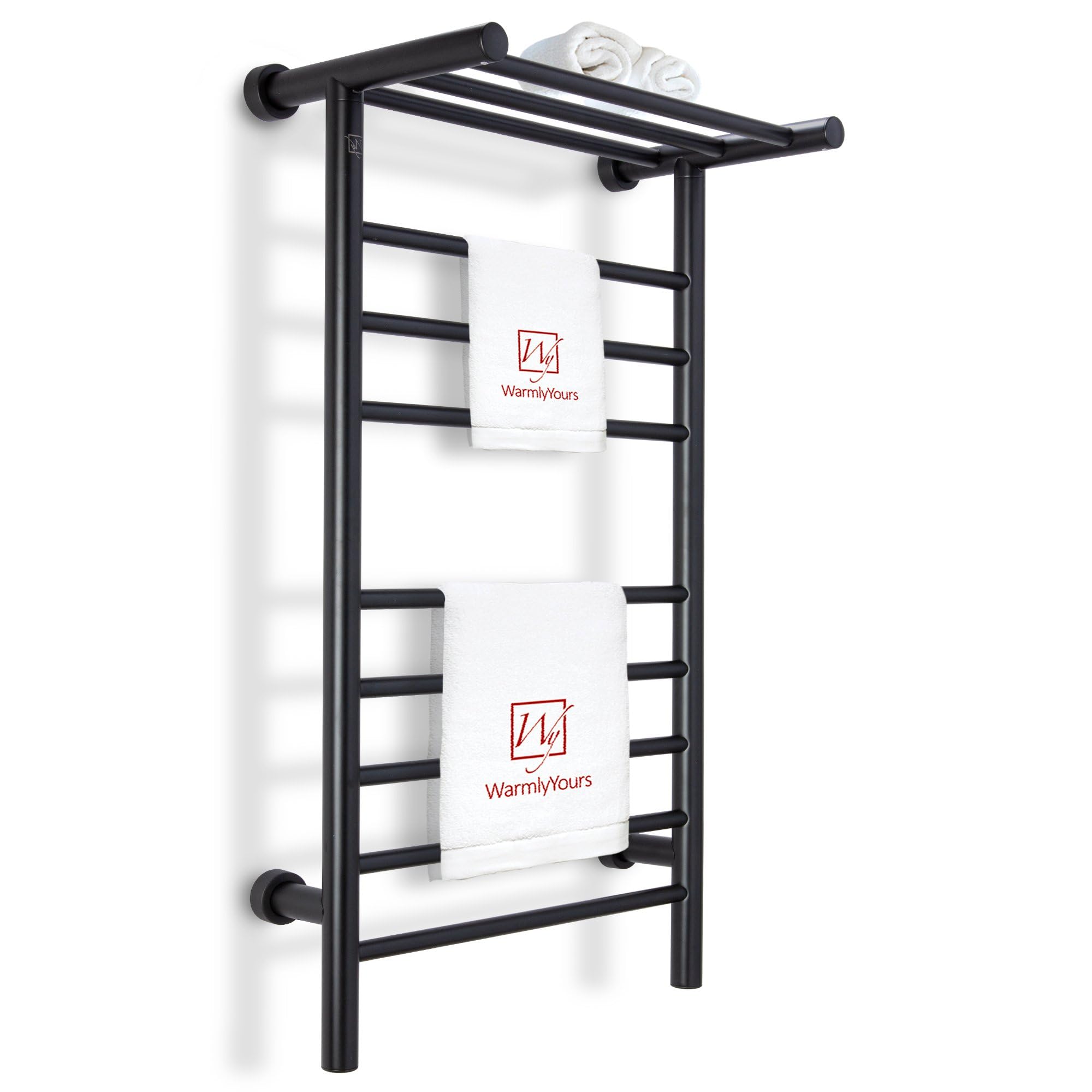 WarmlyYours Heated Towel Rack - 20x36 Inch Black Stainless Steel Towel Warmer with Heated Shelf, 11 Bars Wall-Mounted Electric Heater & Drying Rack for Bathroom - 120V Plug-in or Hardwired (Summit) - Perfect for Spa-Like Luxury & Fast Drying in Modern Bathrooms