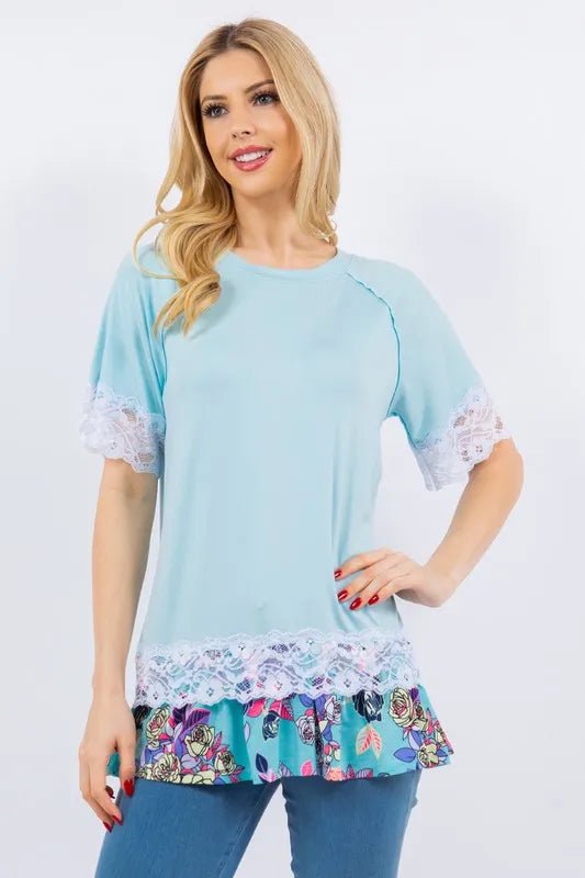 Celeste Plus Size Lace Trim Short Sleeve Blouse for Women - Elegant Casual Top for Office, Date Night & Summer Outfits