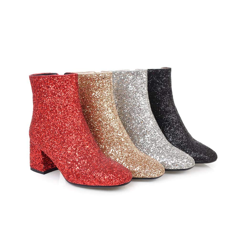 Elyffany Women's Mid Block Heel Glitter Ankle Boots with Zipper - Stylish Party Prom Booties for Ladies | Perfect for Night Out, Club, Wedding & Special Occasions