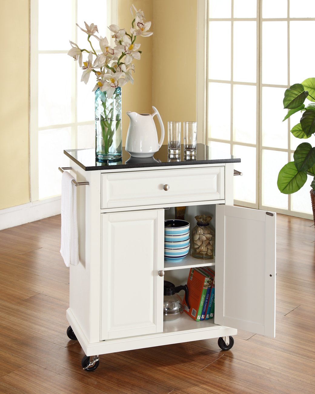 Crosley Compact Granite Top Rolling Cart with Shelves - White Microwave Stand with Towel Rack | Kitchen & Bathroom Storage Organizer for Small Spaces
