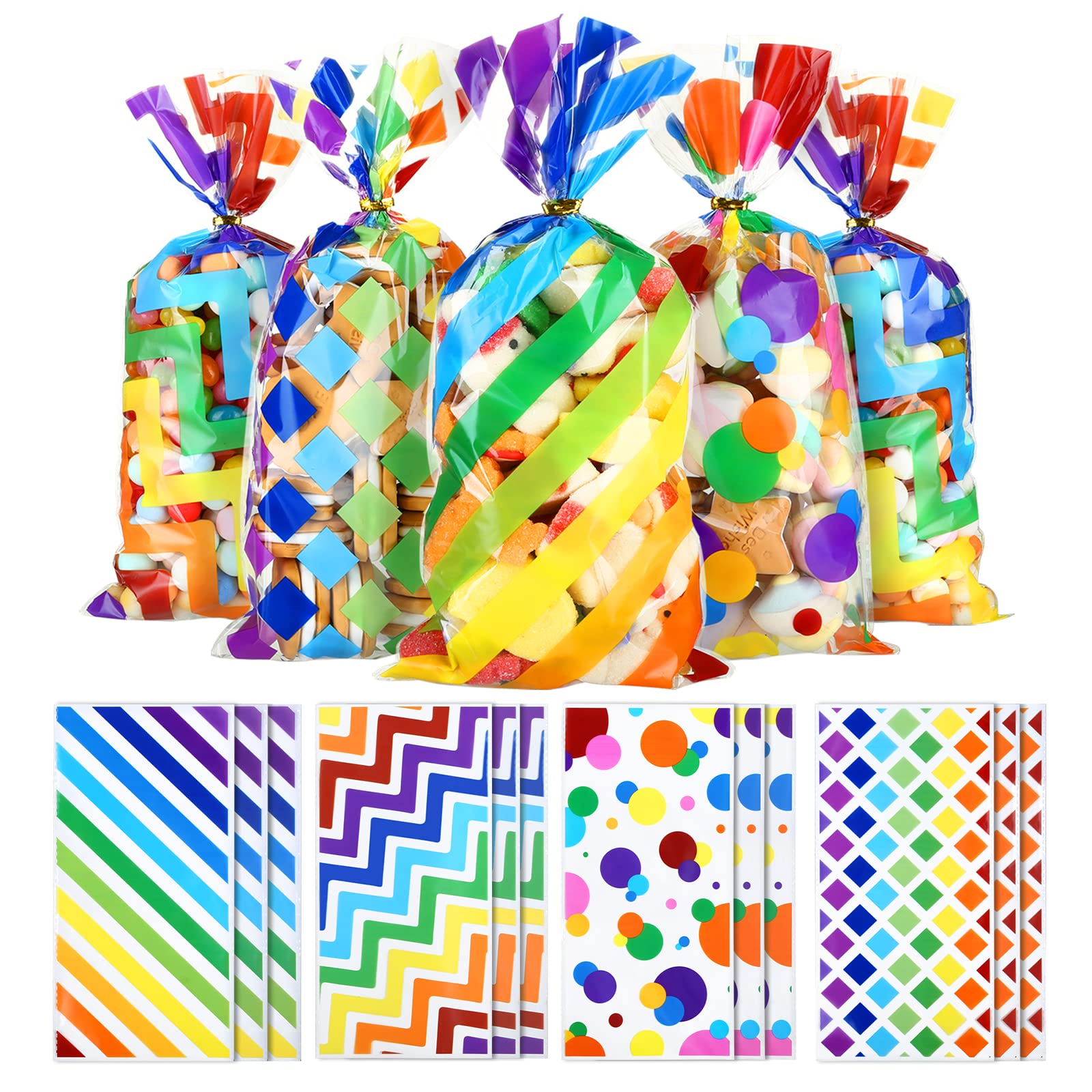 Kesote 100-Piece Rainbow Cellophane Treat Bags with Ties - Colorful Printed Plastic Goodie Bags for Candy, Party Favors & Kids Birthday Supplies - Perfect for Summer Parties, Halloween Treats & Holiday Gift Giving