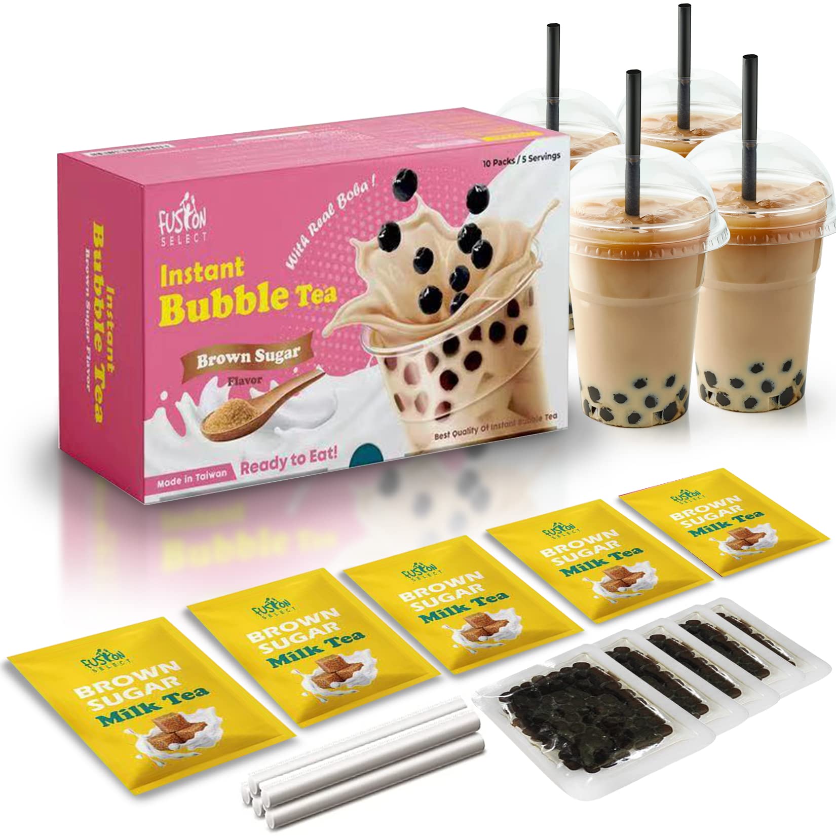 Fusion Select Authentic Bubble Tea Kit - Extra Rich Boba Tapioca Pearls, 5 Packs with Straws - Brown Sugar Milk Tea Flavor | DIY Bubble Tea at Home, Party Drinks, Asian Dessert Experience