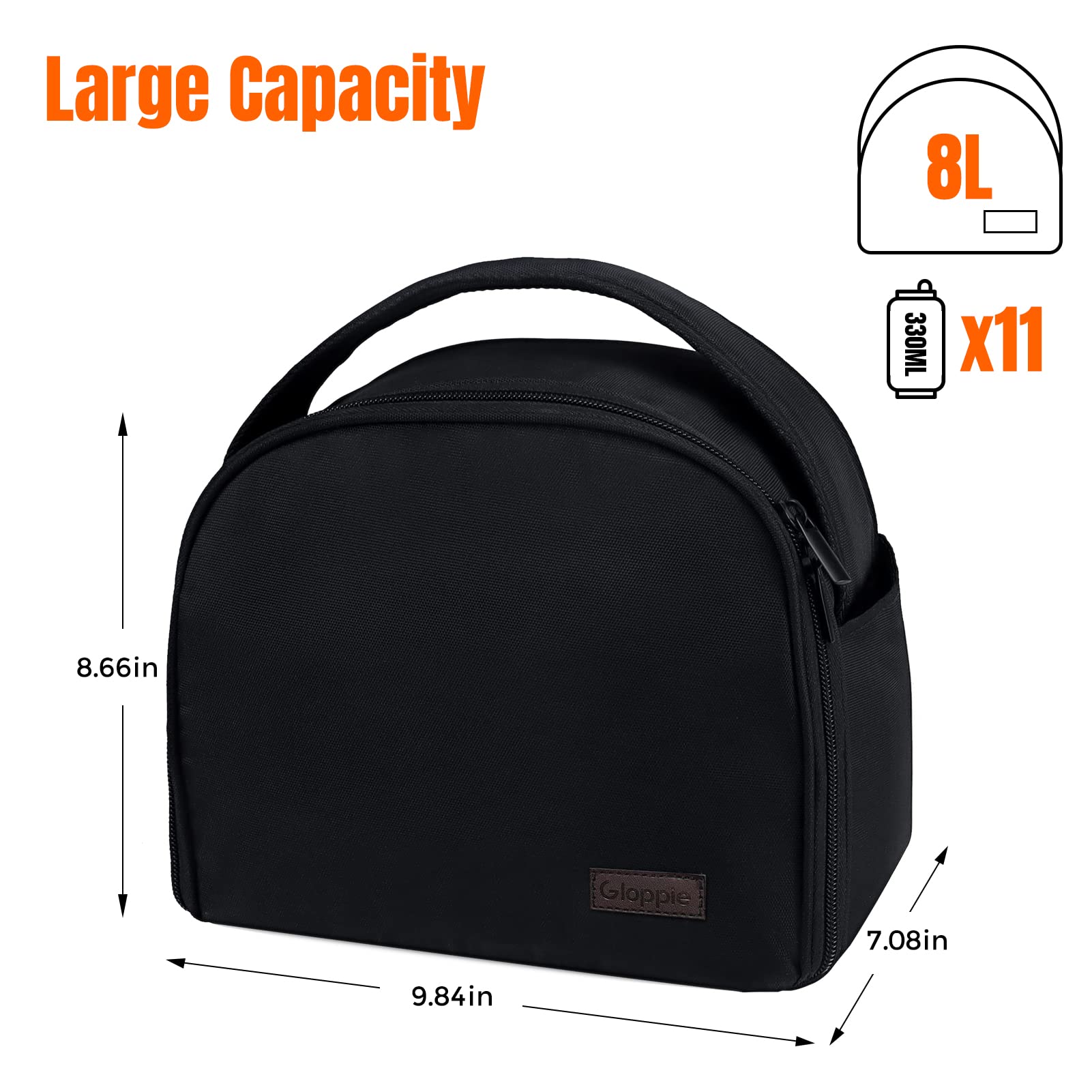 Gloppie Insulated Lunch Bag - Reusable Cooler Lunch Box for Adults & Kids - Bento Box Tote - Perfect for Work, School, Picnics & Outdoor Activities (Black)