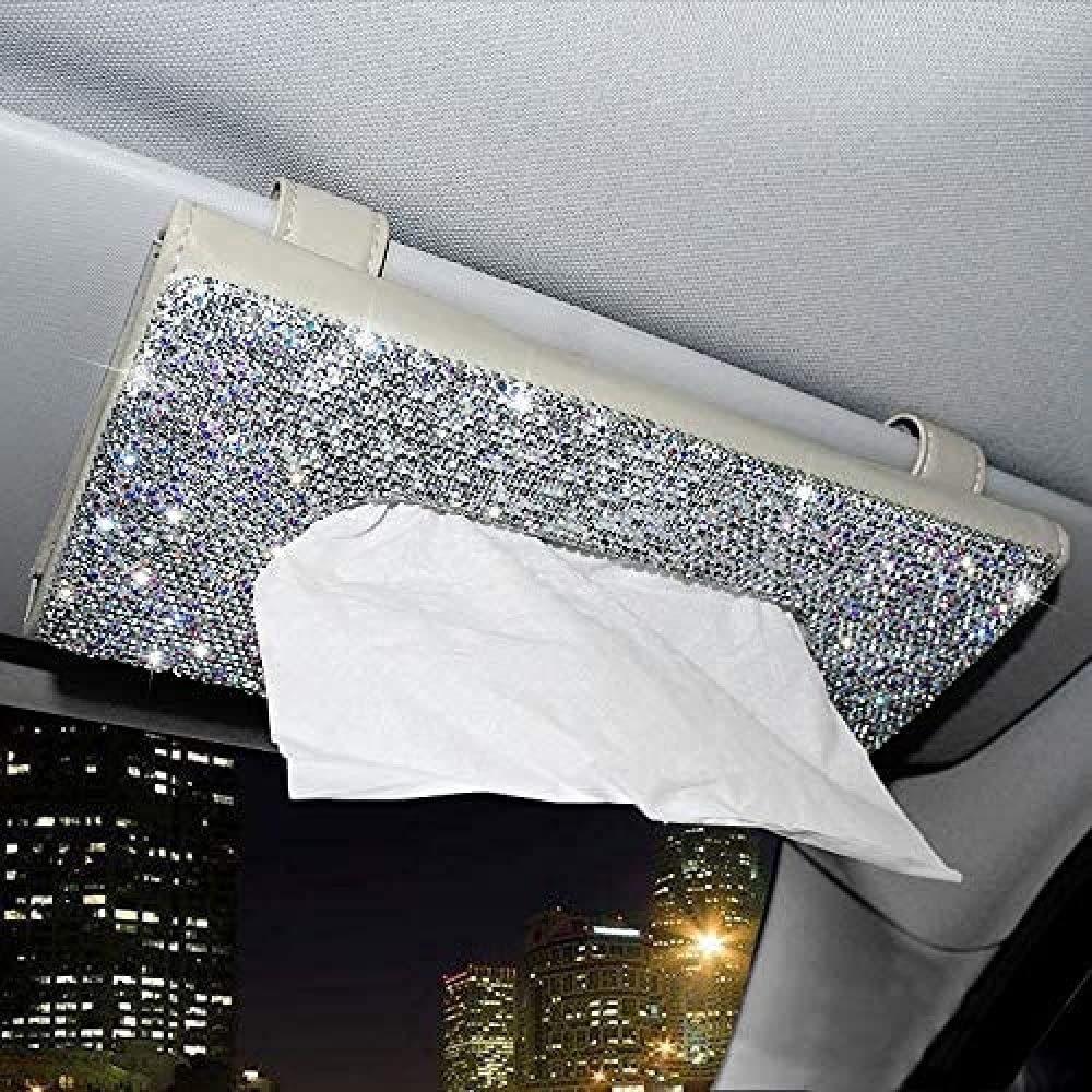 Diamond-Encrusted Car Tissue Box Holder - Premium PU Leather Sun Visor Napkin Organizer for Vehicles (White Diamond Beige) | Perfect for Backseat Storage & Car Accessories Organization
