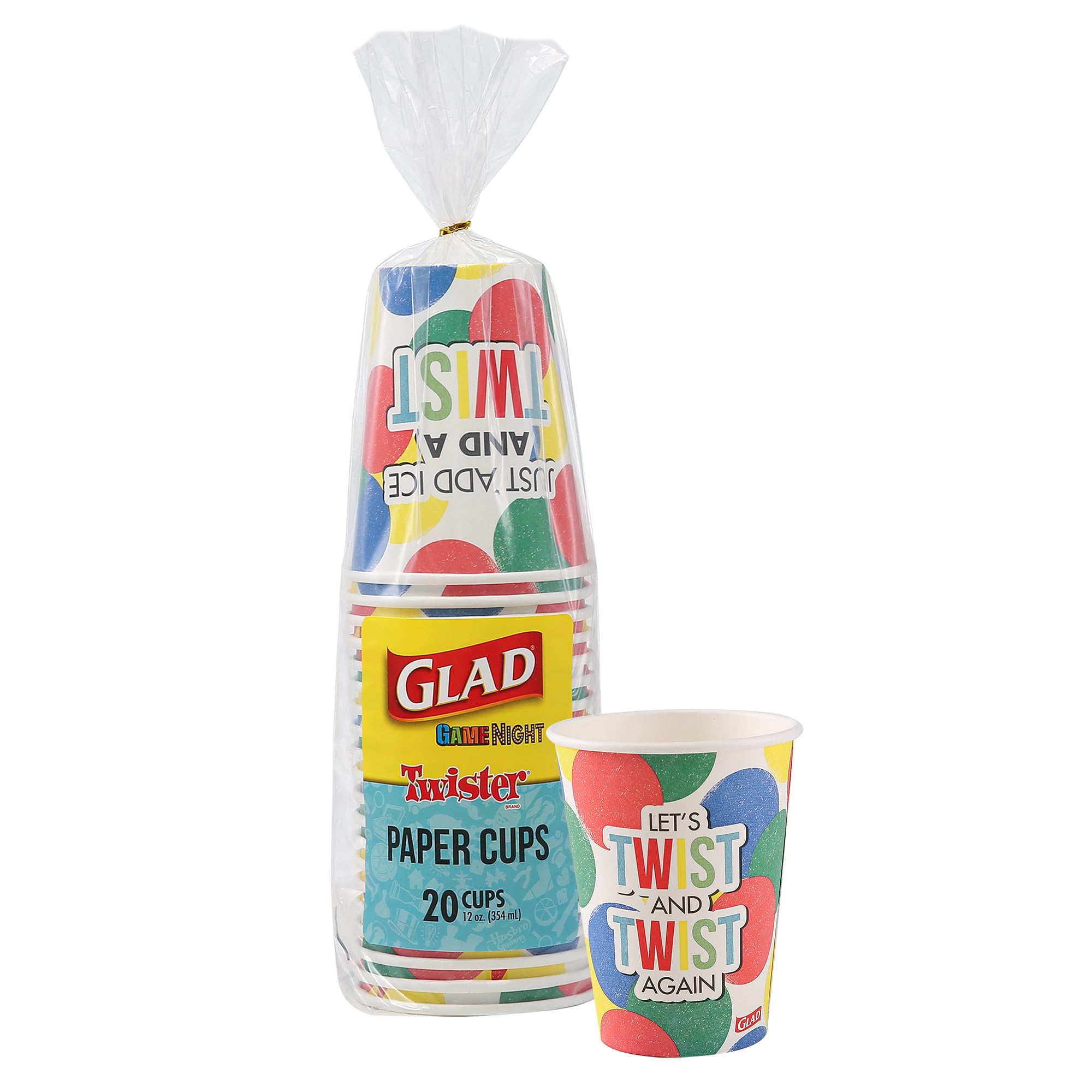 **Glad Game Night Twister Disposable Paper Cups – 12 oz, 20 Count | Classic Board Game Party Supplies for Family Game Night, Kids Birthday & Outdoor Gatherings**