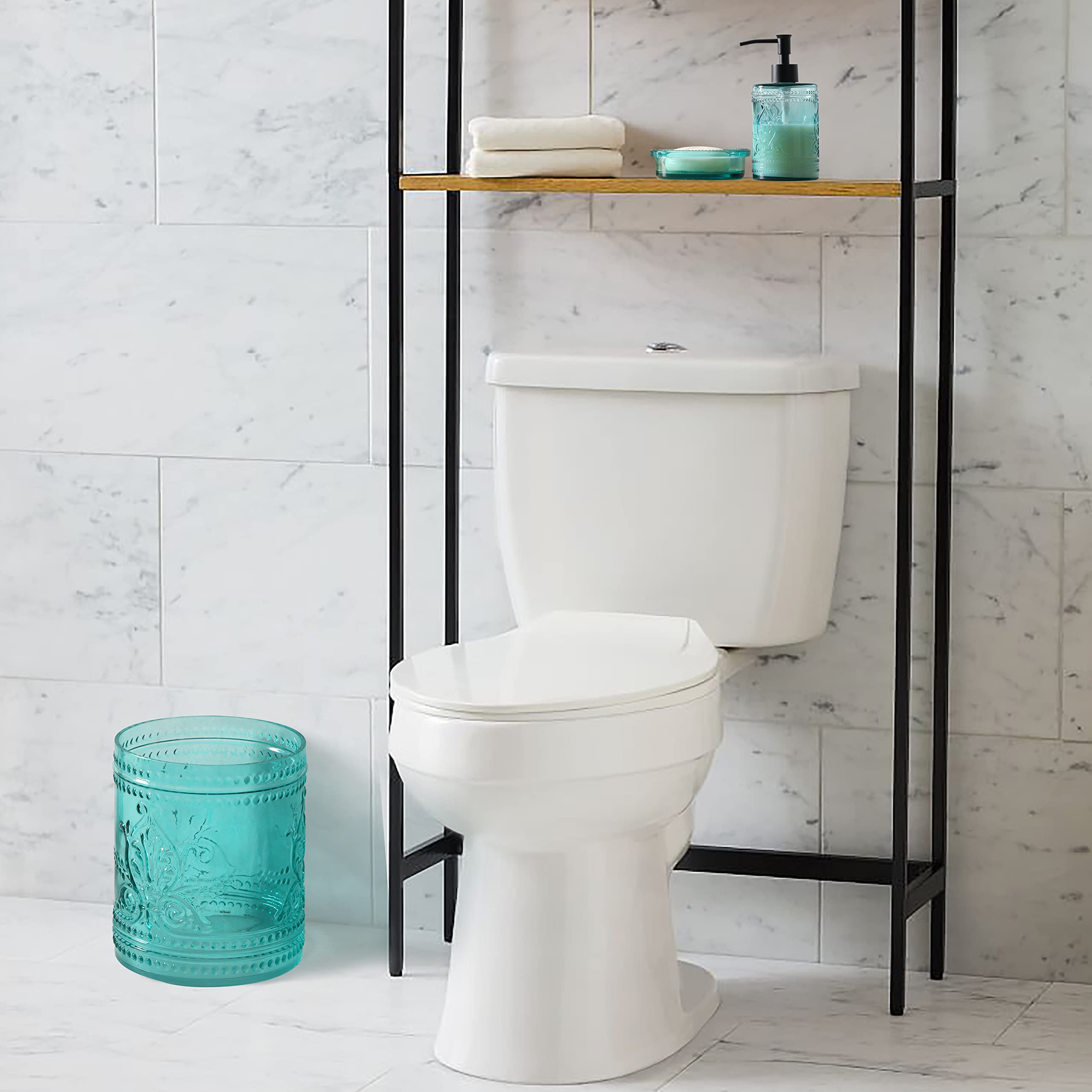 KMwares 2.6-Gallon Thick Glass Wastebasket - Durable Odor-Free Trash Can with Lid, Easy to Clean Decorative Bin for Kitchen, Bathroom, Office & Living Room - Stylish Teal Blue Home Decor Garbage Can