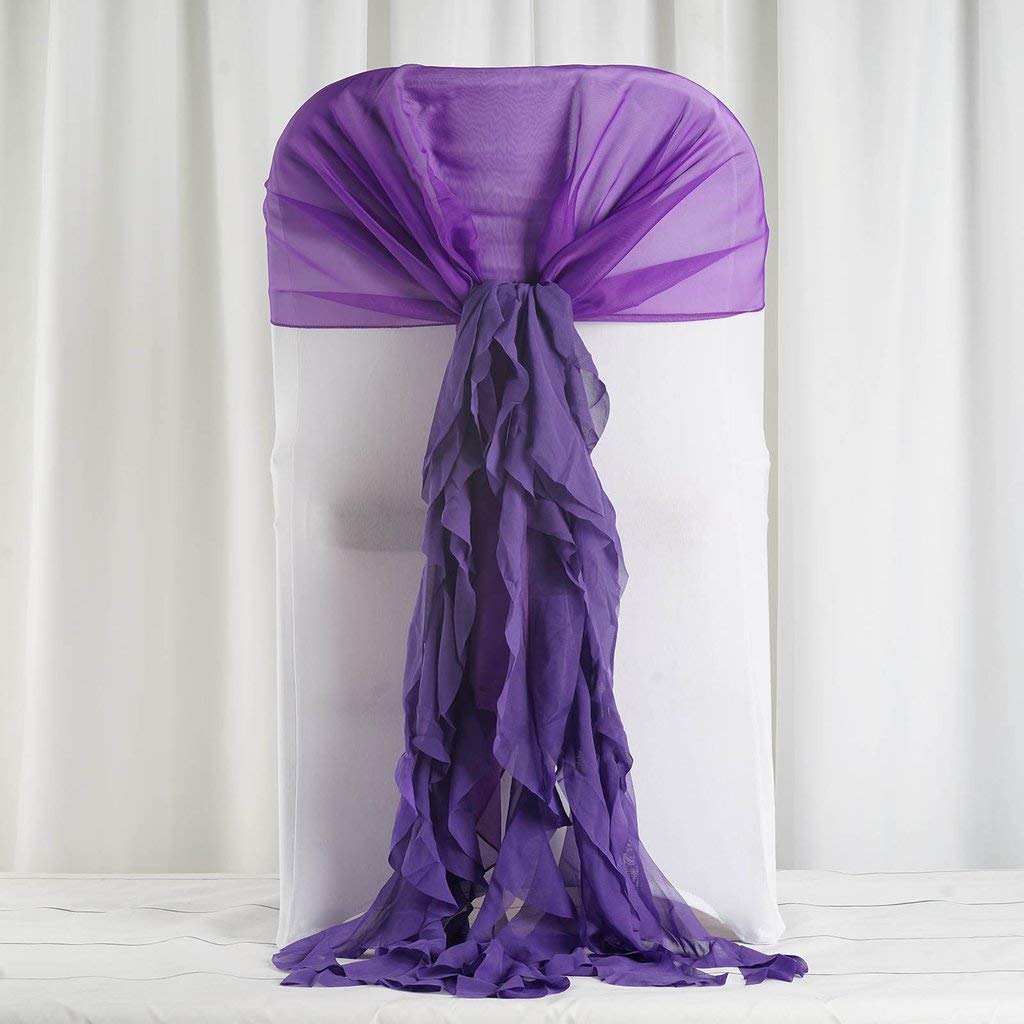 50 Premium Purple Curly Chiffon Chair Covers with Sashes - Elegant Wedding, Party & Ceremony Decorations - Perfect for Reception, Banquet & Special Events