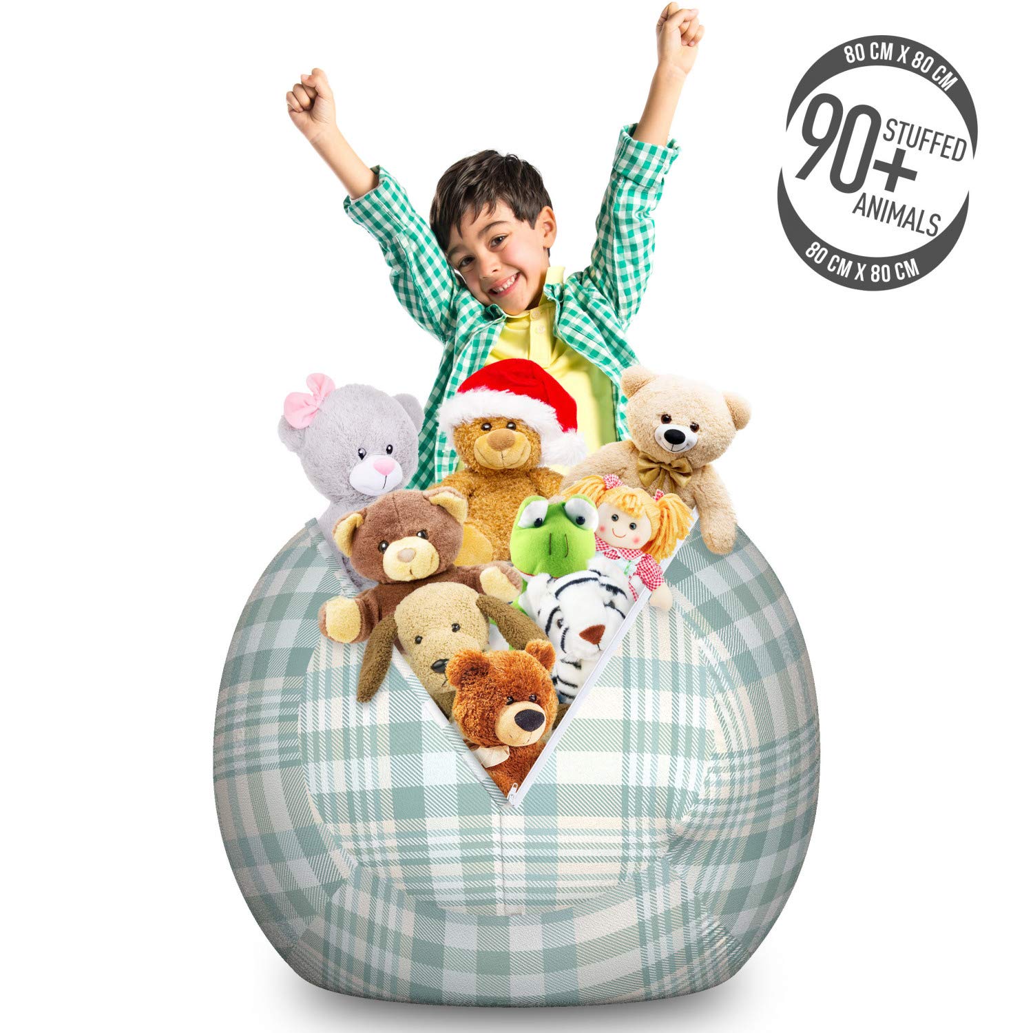 Ambesonne Pastel Plaid Toy Storage Bag Chair - Large Washable Stuffed Animal Organizer in Cadet Blue & Beige | Kids Room Decor, Playroom Organization, Nursery Storage Solution