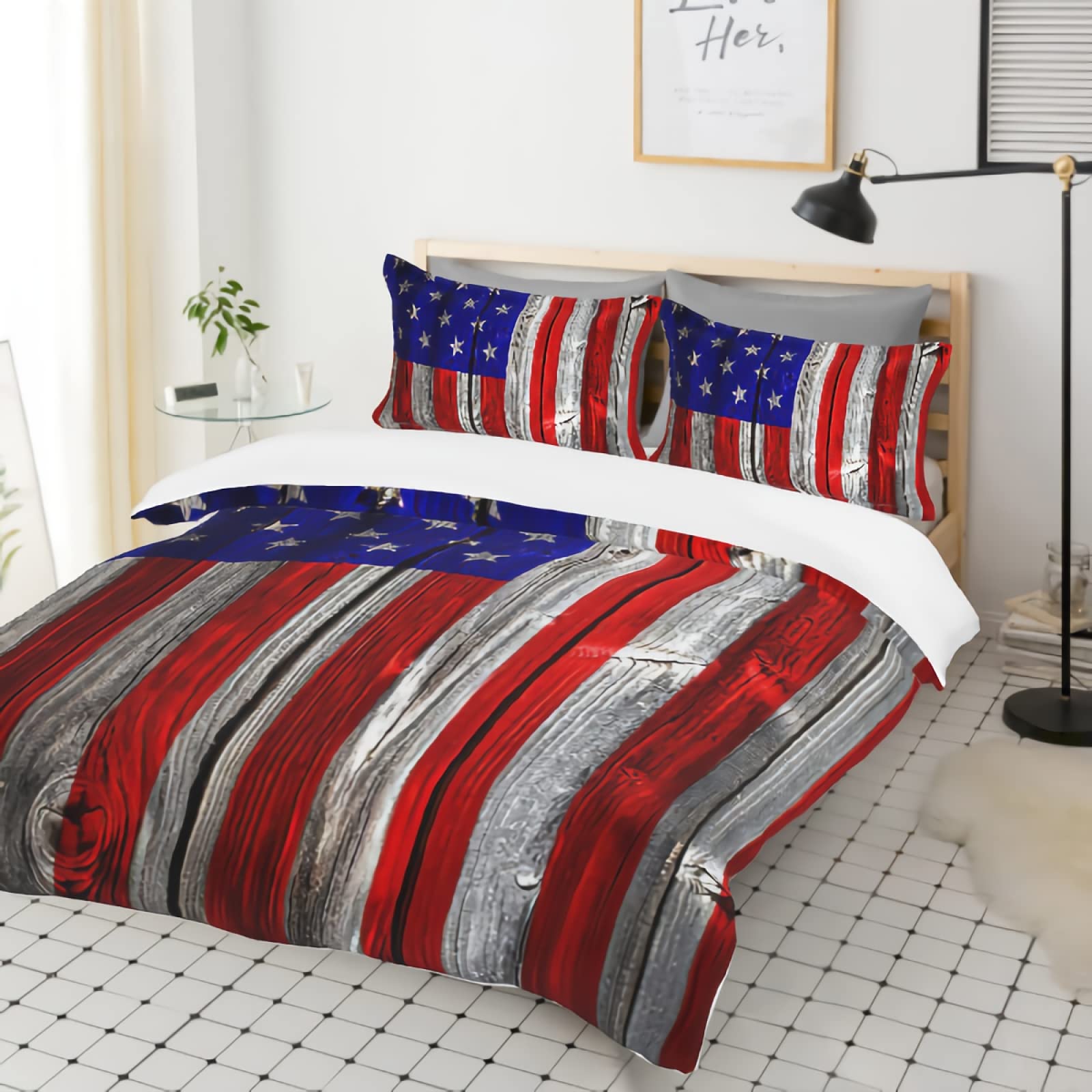 GREDBH American Flag Quilt Cover Set - Faux Wood Design Twin/Queen Size 3-Piece Bedding (1 Quilt + 2 Pillowcases) - Patriotic Home Decor for Bedroom, Living Room & Dorm