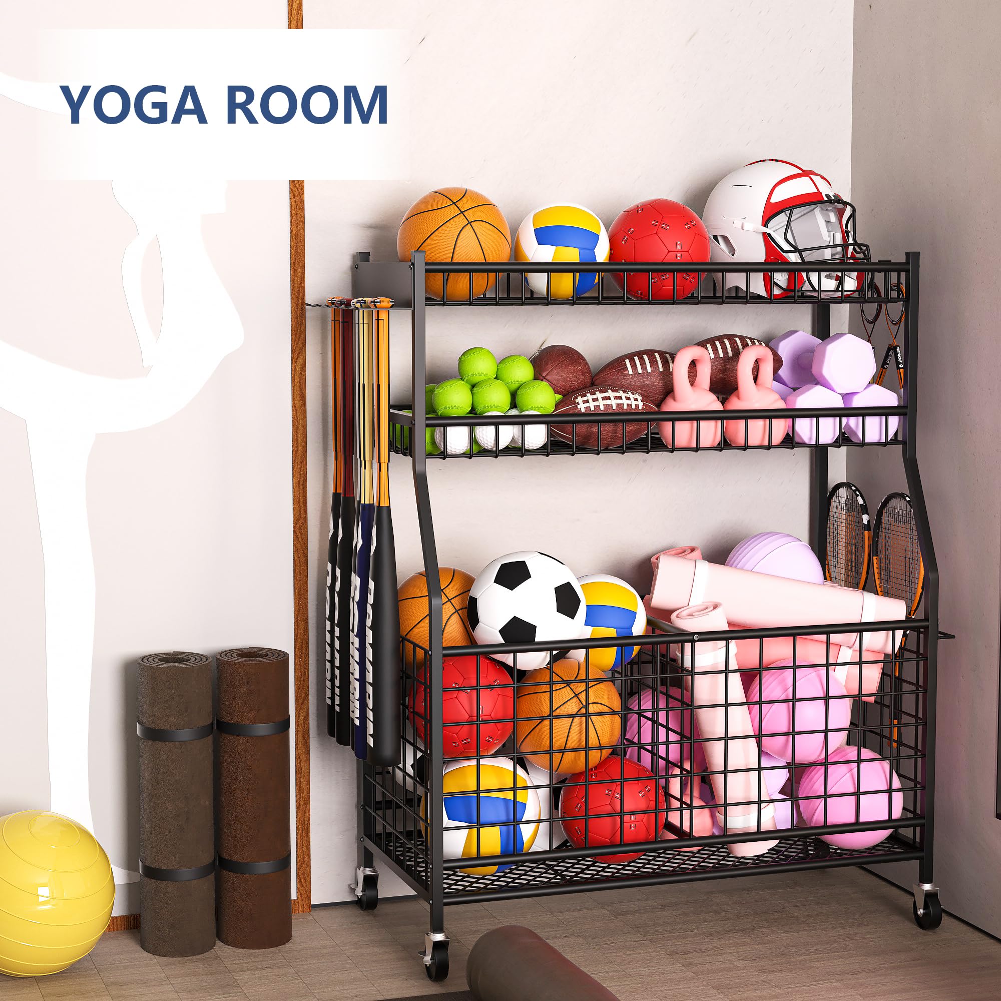 Sports Equipment Organizer - Heavy Duty Garage Storage Rack for Balls & Gear | Black Space-Saving Cart | Perfect for Basketball, Soccer & Baseball Organization