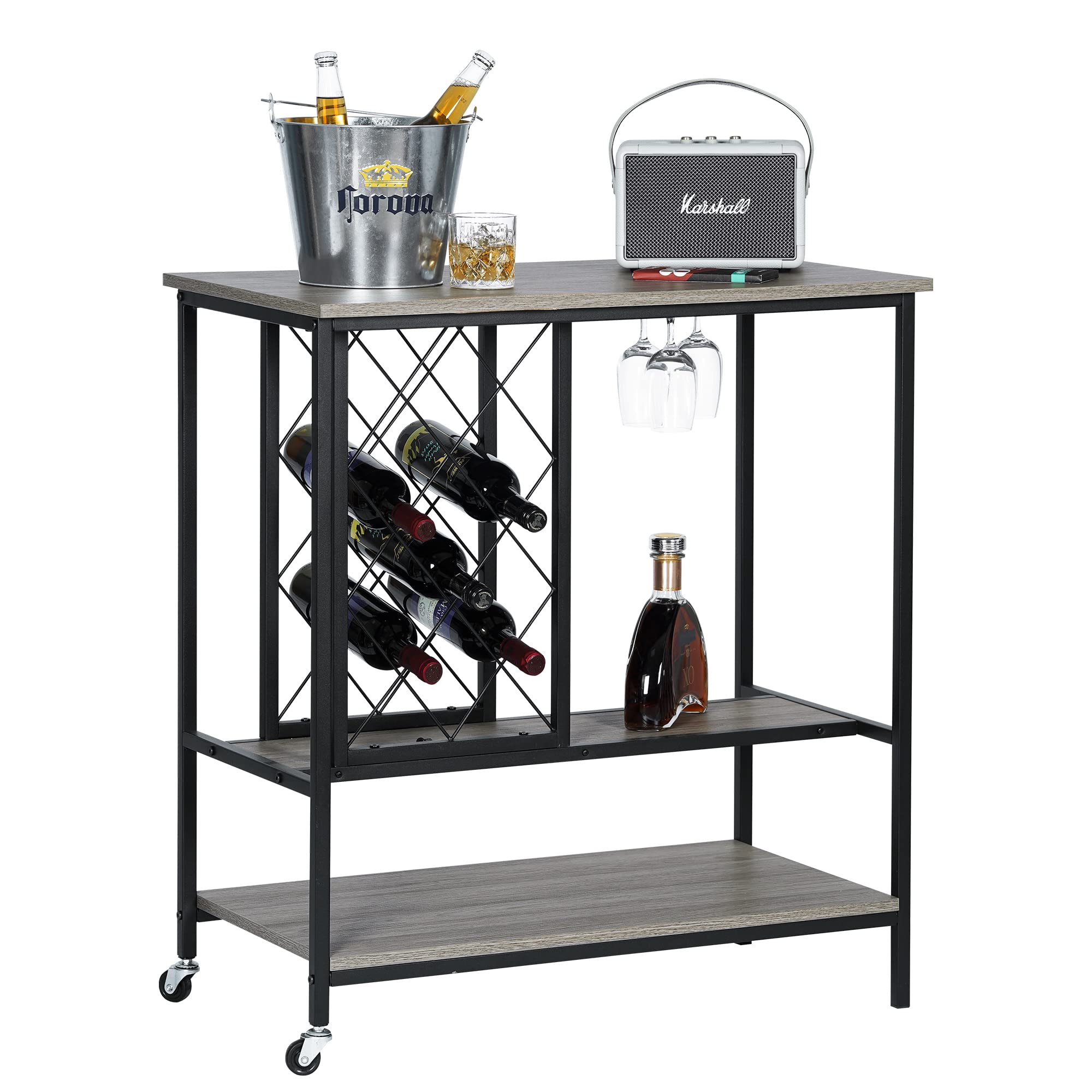 GREATUNE 3-Tier Farmhouse Wine Rack Table - Rustic Grey Wood & Metal Bar Cabinet with Wheels, Glass Holder - Perfect for Home Kitchen, Dining Room, Living Room & Entertaining Guests