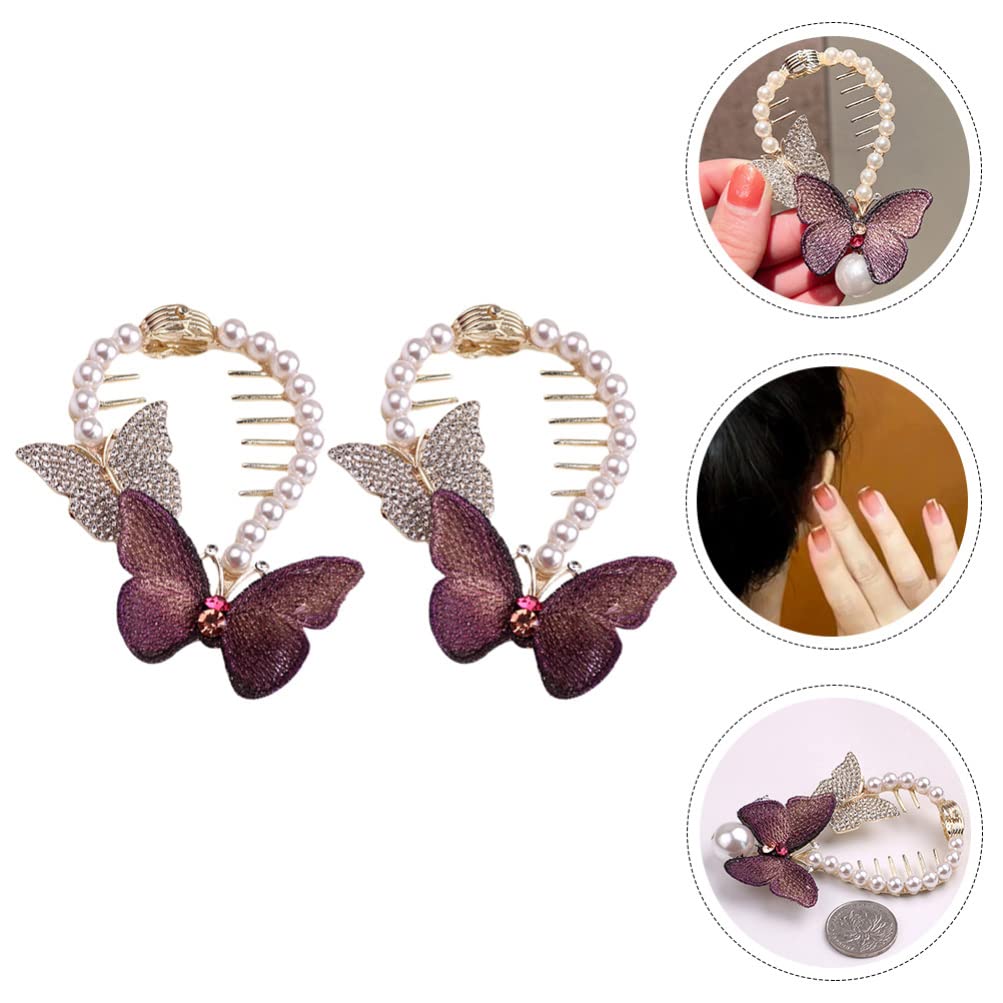 LALAFINA 2-Piece Butterfly Pearl Hair Clips for Women & Girls - Elegant Alloy Hair Barrettes with Meatball Grab Design - Perfect for Parties, Weddings & Daily Hair Accessories (Purple)