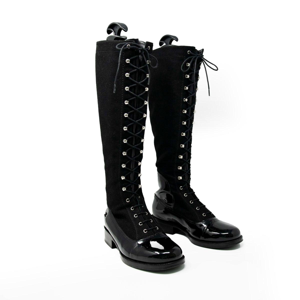 Chanel Black Lace-Up Knee High Boots Size 37 - Elegant Women's Fashion Boots for Party, Evening Wear & Winter Outfits