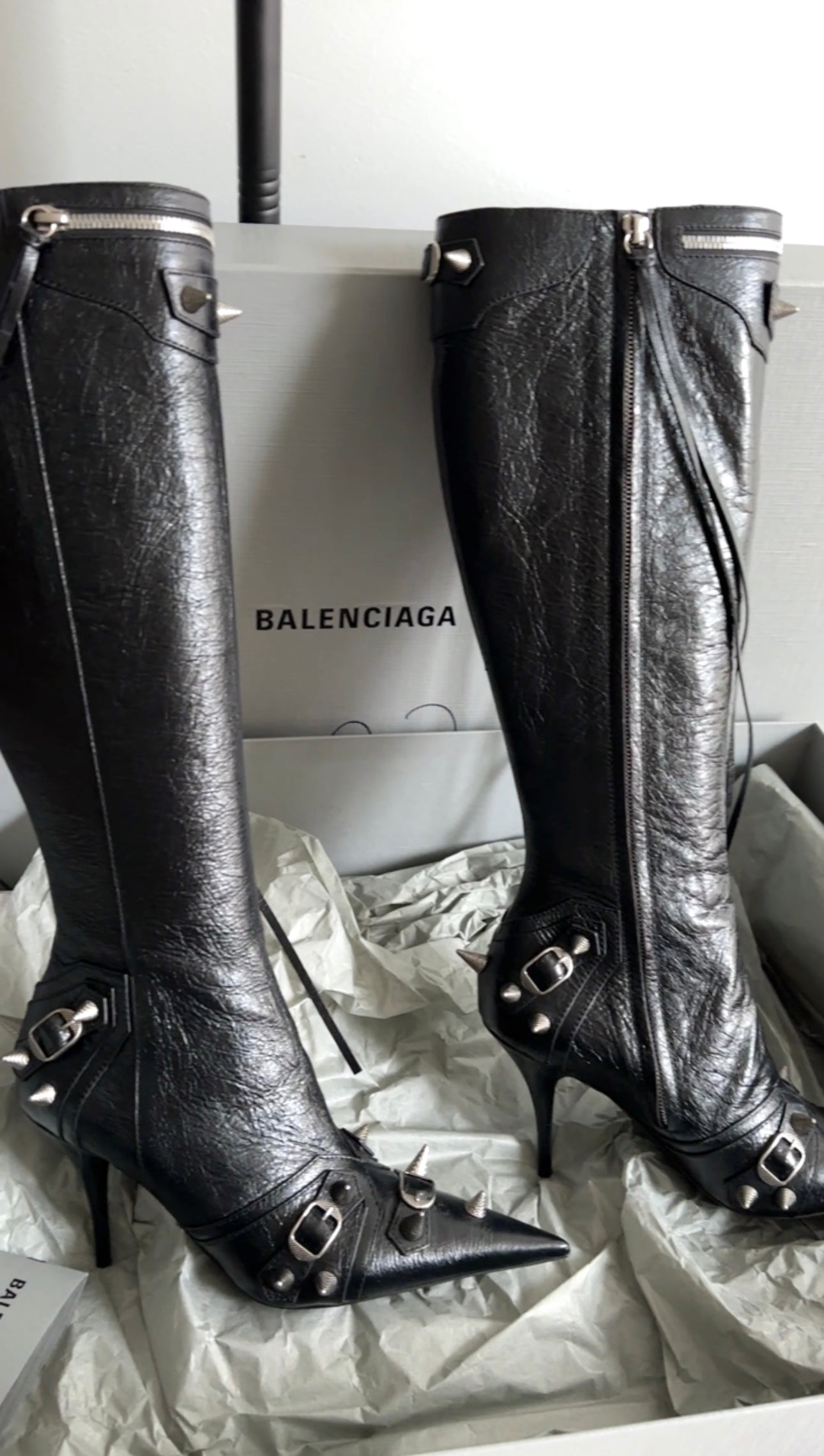 Balenciaga Black Leather Tall Spike Stud Cagole Boots Size 38 - Stylish Punk Rock Ankle Boots for Women, Perfect for Night Out, Concerts and Edgy Street Fashion