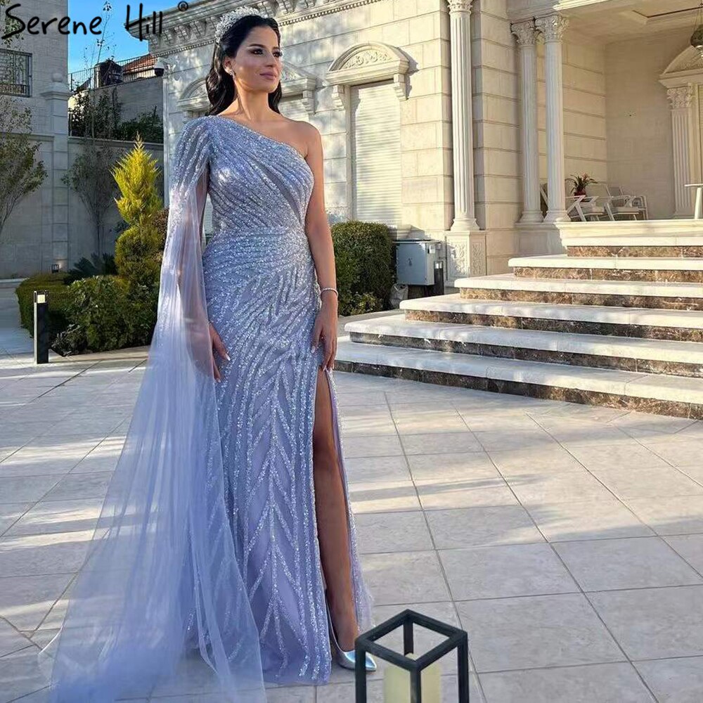 Elegant Lilac High-Slit Mermaid Evening Dress with Beaded Details - One Shoulder Sexy Prom Gown for Women - Perfect for Parties, Galas & Formal Events