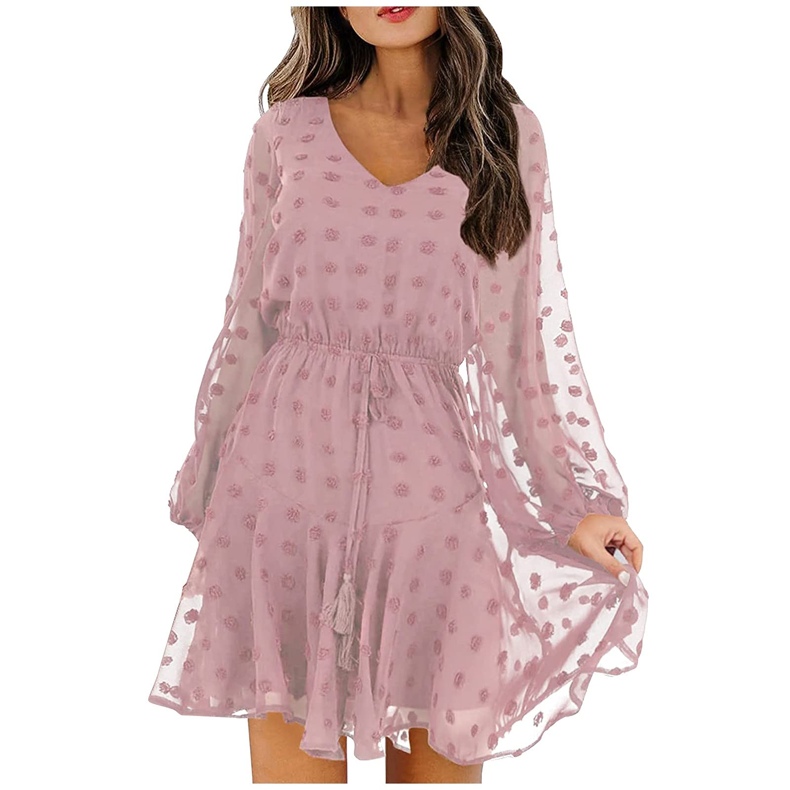 Women's Lantern Sleeve Mini Dress - V Neck Flowy Chiffon Dress with Lace Up & High Waist for Casual Wear | Perfect for Summer Parties, Date Nights & Beach Vacations