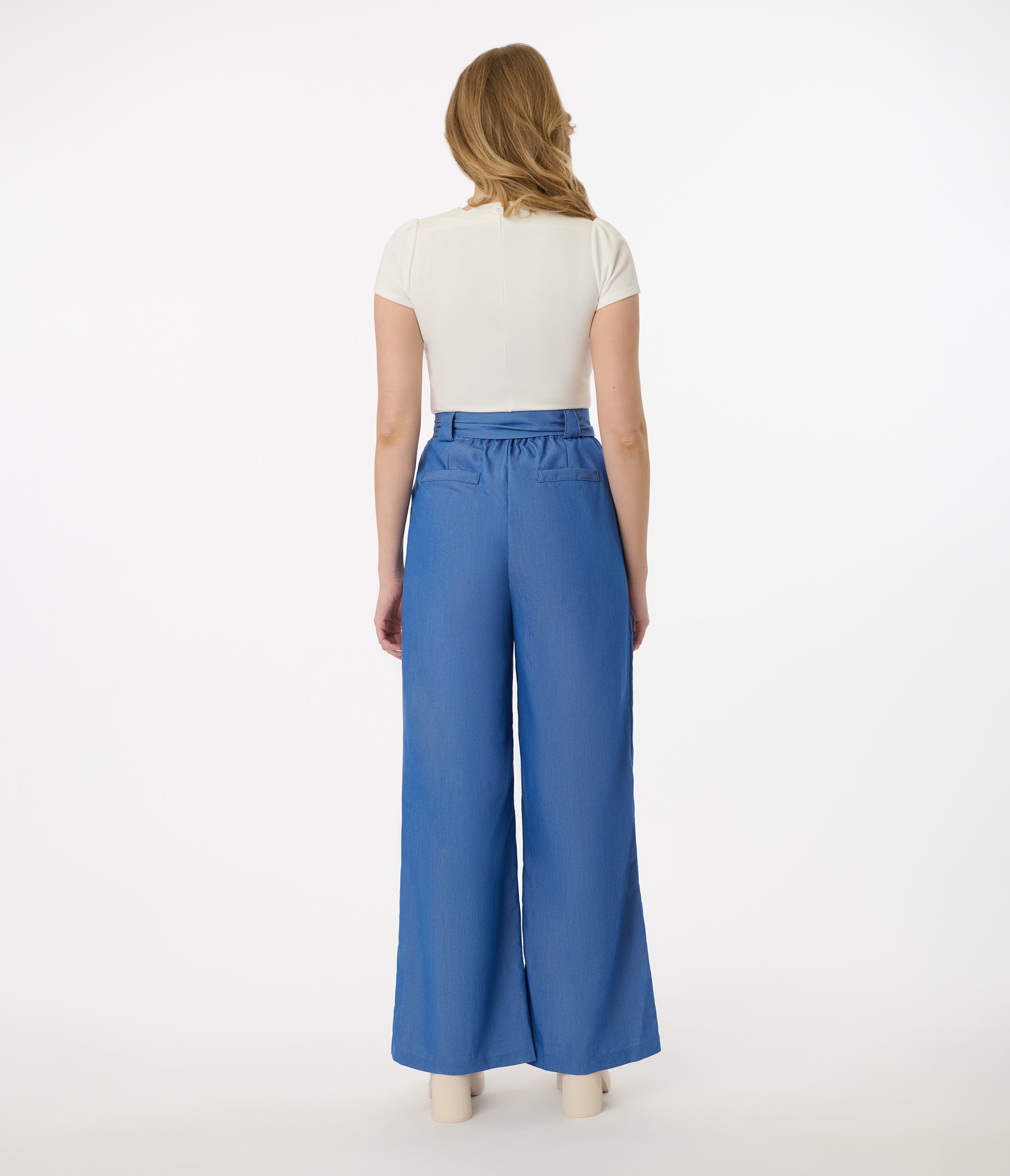 Vintage 1950s Blue Chambray Wide Leg Pants for Women - Retro High Waist Casual Trousers - Perfect for 50s Themed Parties, Vintage Fashion, and Everyday Wear