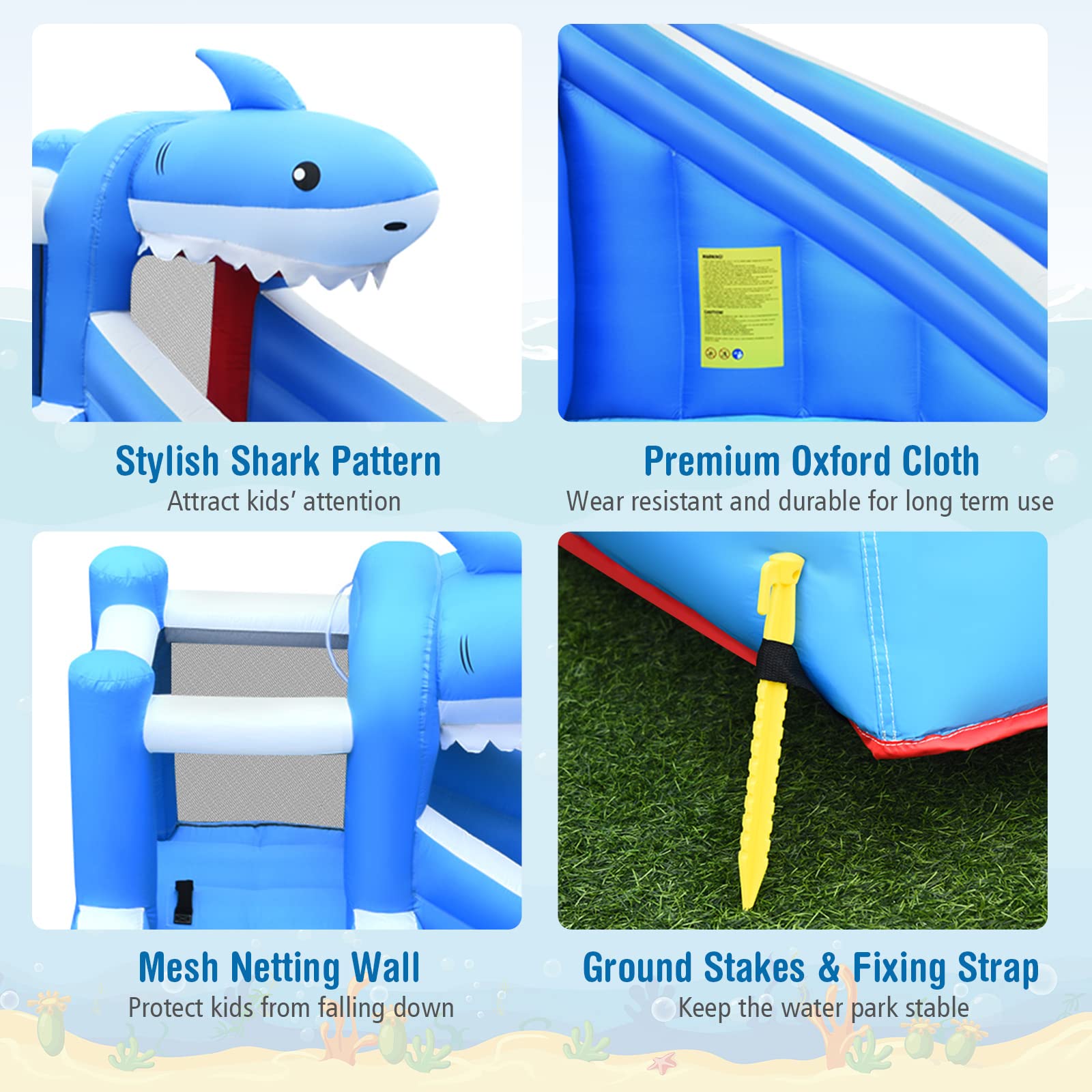 **HONEY JOY Shark Theme Inflatable Water Slide - Backyard Bounce House with Climbing Wall for Kids & Adults, Indoor Outdoor Water Park Fun (Blower Not Included) | Perfect for Summer Parties, Birthdays & Family Gatherings**