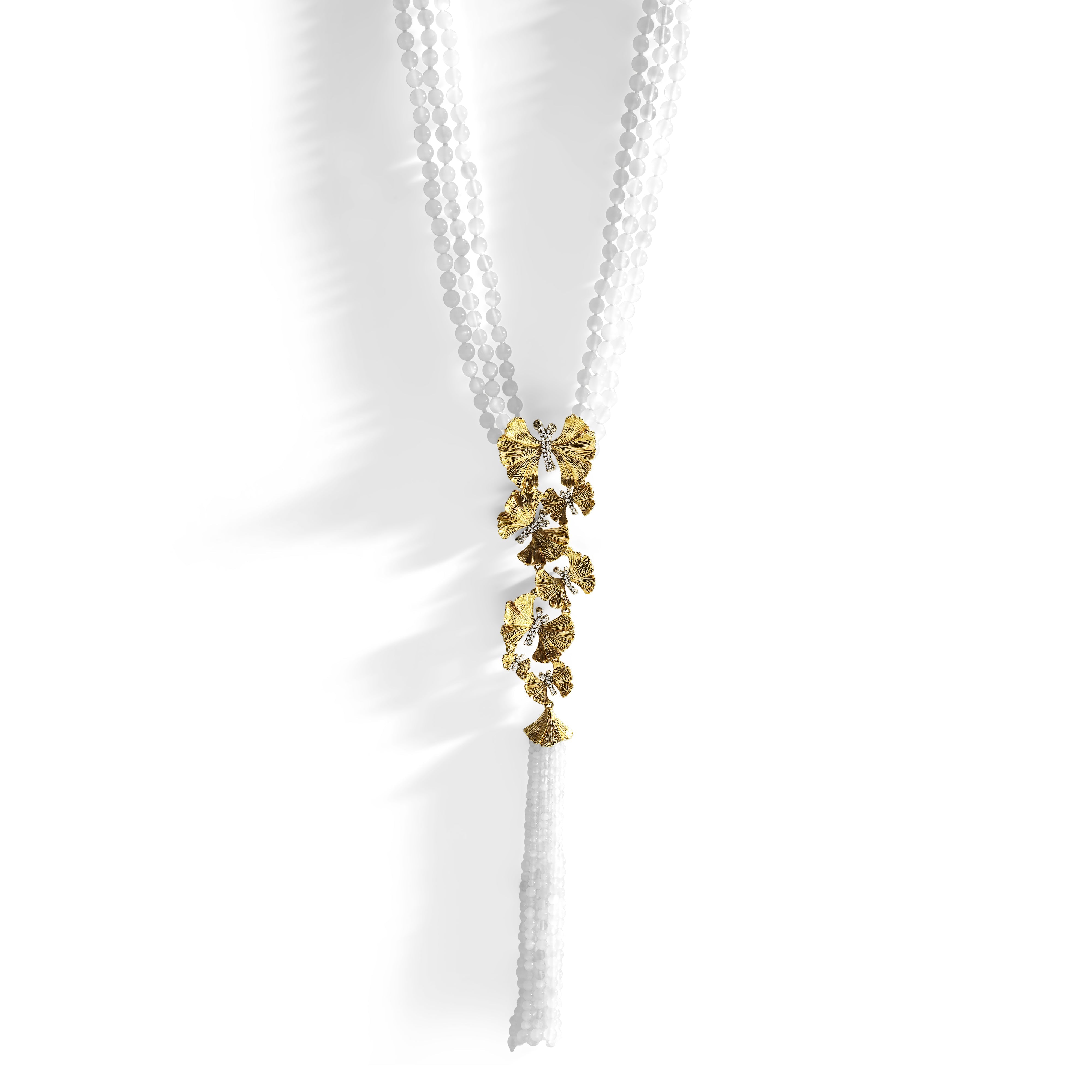 Butterfly Ginkgo Leaf Tassel Necklace with Moonstone & Diamond Accents - Elegant Boho Jewelry for Women, Perfect for Weddings, Parties & Everyday Wear