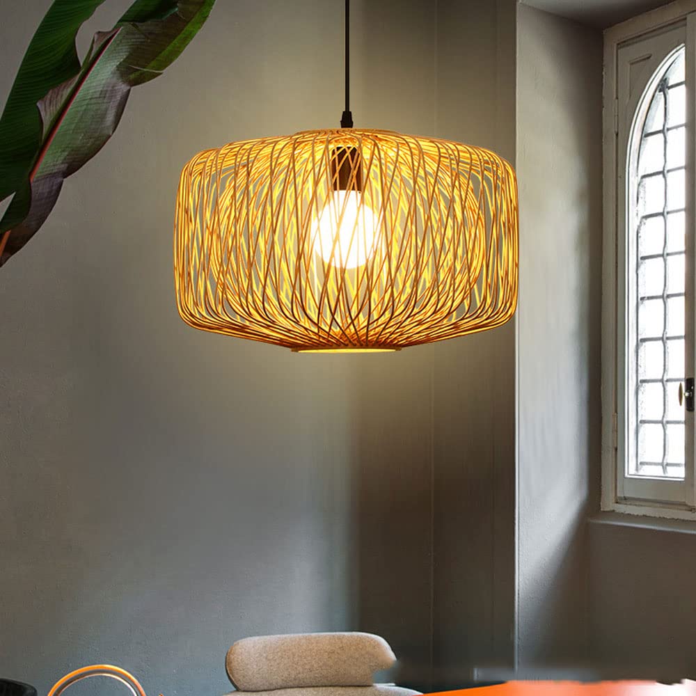 Geometric Bamboo Woven Pendant Light Fixture - Industrial Style Hanging Lamp for Kitchen, Dining Room, Living Room, Bedroom | Modern Hollow Lampshade for Restaurant, Hotel, Loft & Home Decor | Perfect for Farmhouse, Cafe and Dining Table Lighting