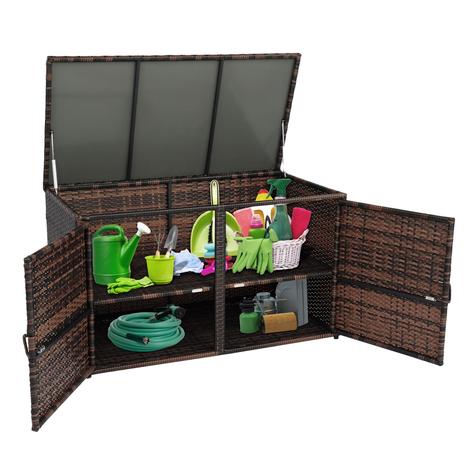 VINGLI 104 Gallon Outdoor Rattan Deck Box with Openable Doors - Waterproof Wicker Storage Container for Patio Furniture Cushions, Garden Tools, Pool Toys - Perfect for Backyard, Balcony, Porch & Poolside Storage (Brown)