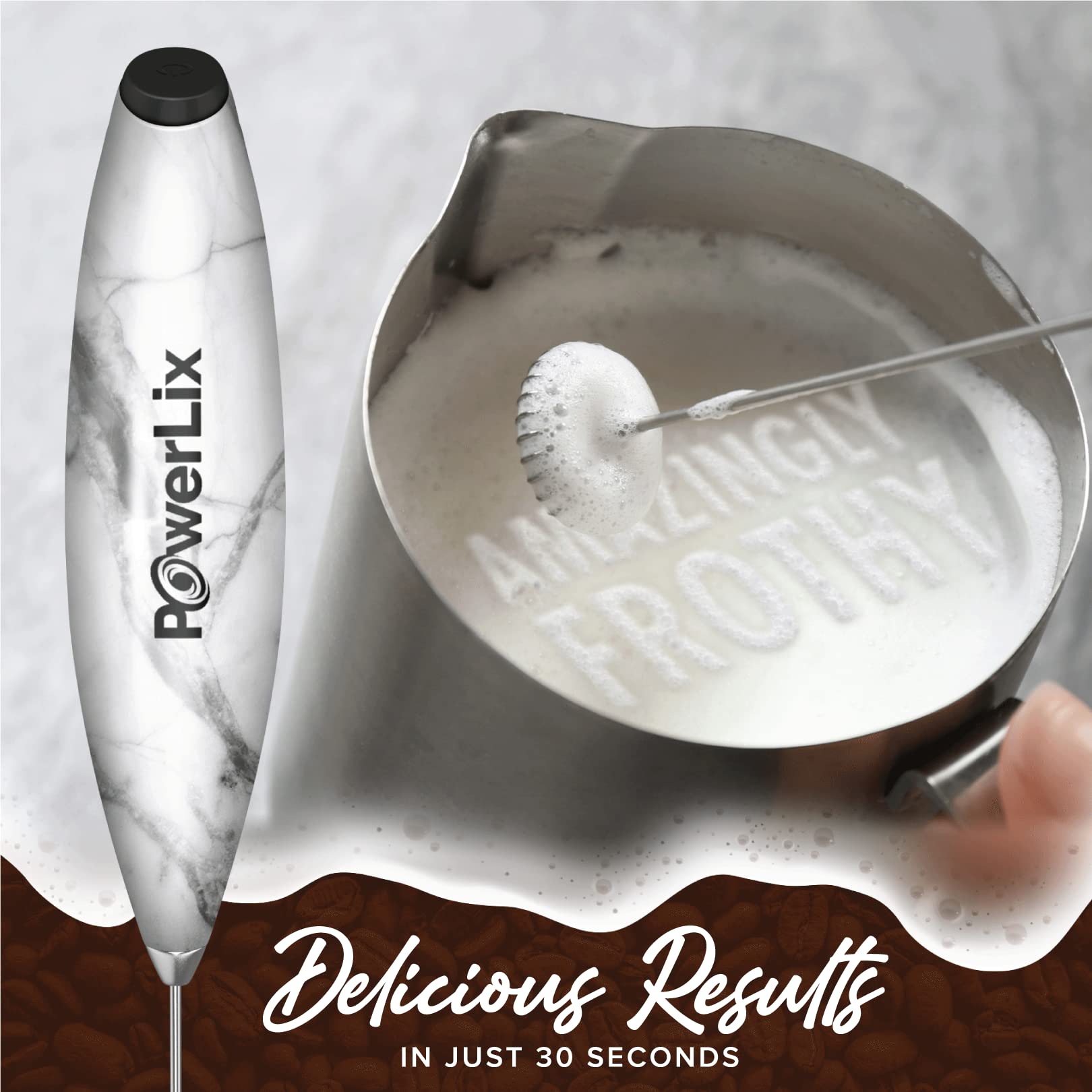 PowerLix Powerful Handheld Milk Frother - Battery Operated Foam Maker for Coffee, Latte & Cappuccino - Includes Stand (Black/White Marble) - Perfect for Home, Office & Coffee Shops