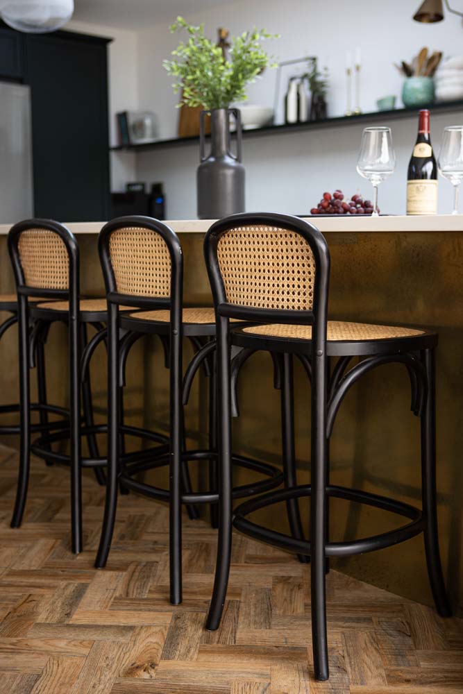 Chez Pitou Black Wood & Woven Cane Bar Stool - Modern Kitchen Island & Counter Height Stool for Dining & Home Decor