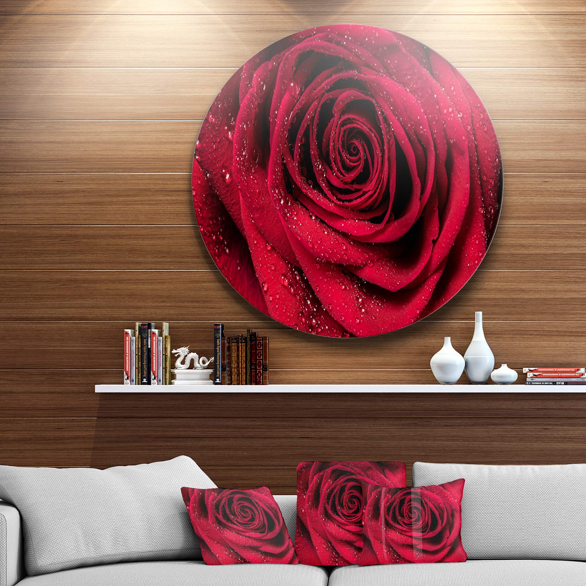 DesignArt Round Metal Wall Art - Red Rose Petals with Rain Droplets, Ultra Glossy Floral Decor for Living Room, Bedroom & Office