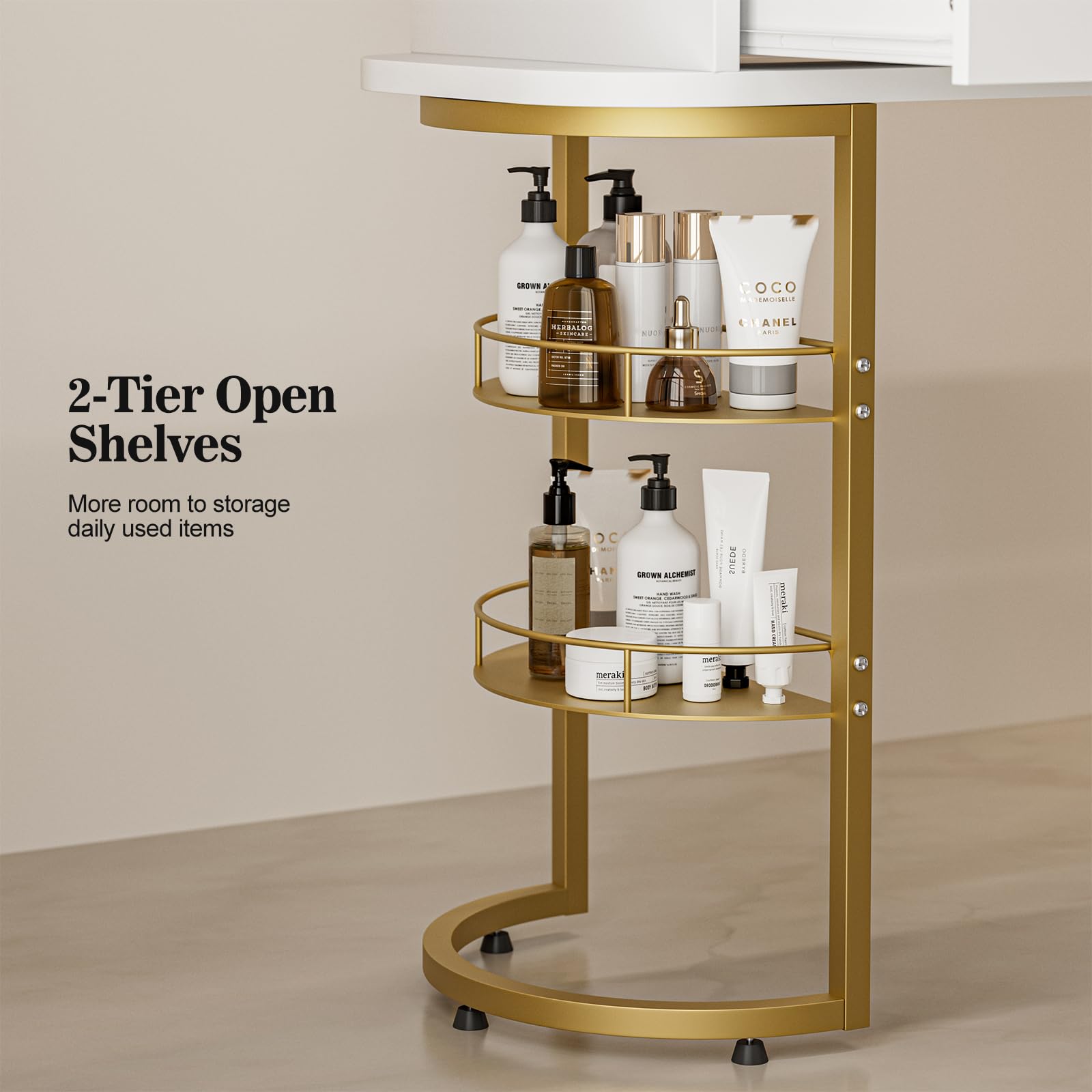 Premium Paddie Manicure Table for Nail Technicians - Acetone-Resistant Glass Top Nail Desk with 4 Drawers & 2-Tier Storage Shelves - Salon Beauty Workstation with Wrist Cushion & Golden Handles (White) - Perfect for Nail Salons, Home Studios & Professional Nail Art Services