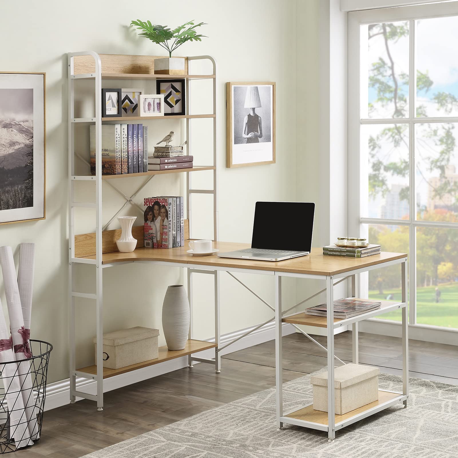 Modern Simple Style Wooden Computer Desk with 5-Tier Bookshelf - Easy to Assemble Home Office Desk for Laptop & PC - Study Table & Workstation Furniture for Small Spaces (Natural Wood Finish) - Perfect for Home Office, Study Room & Dormitory