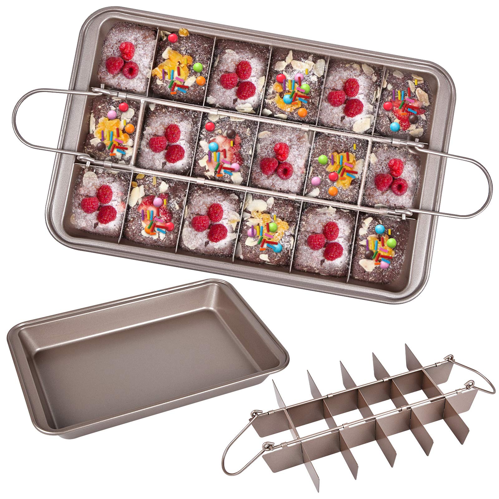 Non-Stick Brownie Baking Pan with Dividers & Slicers - 12x8 Inch Rectangular Oven Safe Baking Tray with 18 Pre-Cut Molds for Perfect Brownies, Cakes & Bread - Ideal for Home Baking, Parties & Gifts - Dishwasher Safe