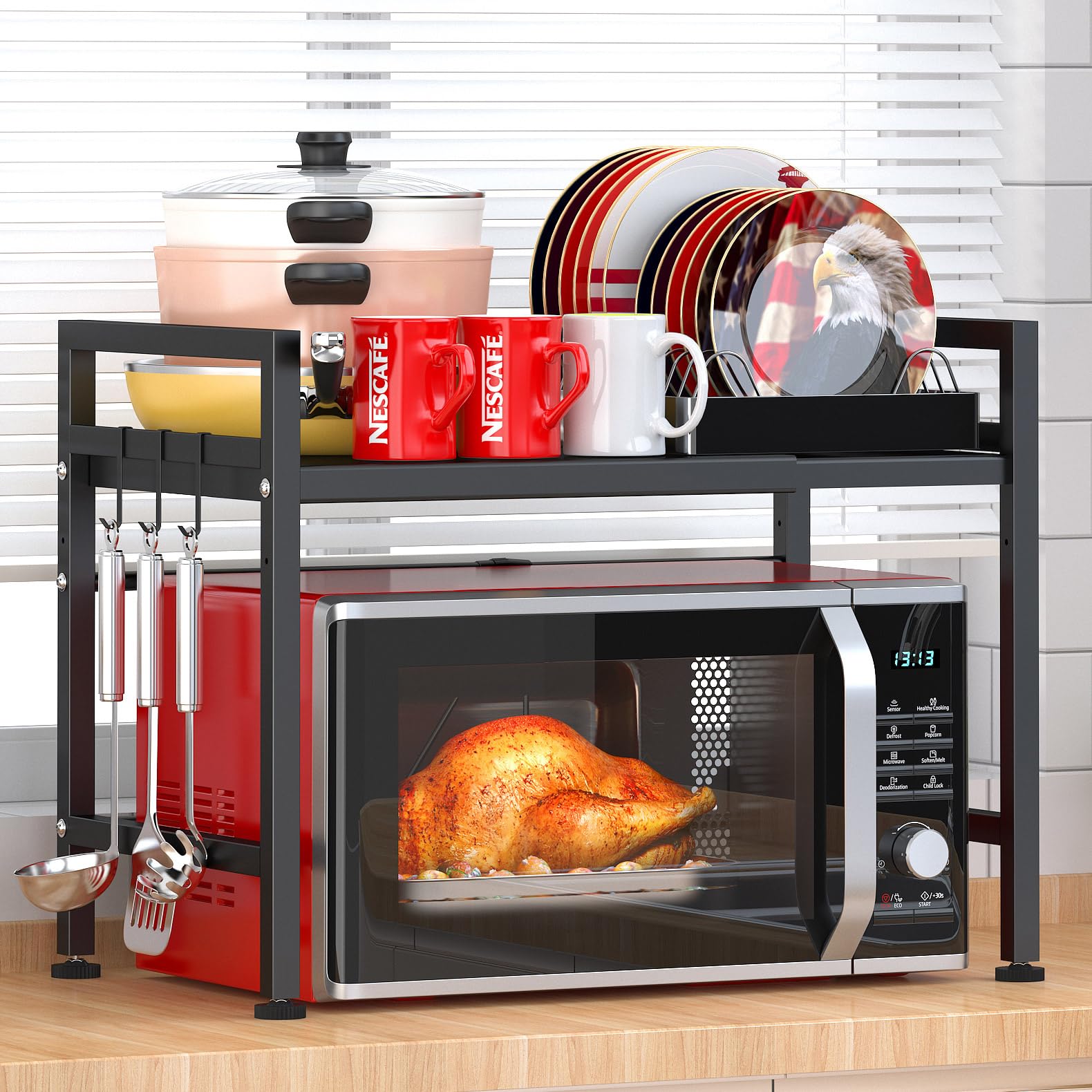 PUSDON Adjustable Microwave Oven Rack - Heavy Duty 2-Tier Kitchen Organizer with 3 Hooks for Countertop, 160lbs Capacity - Space Saving Solution for Microwave, Toaster & Small Appliances - Perfect for Small Kitchens & Apartment Living (Black)
