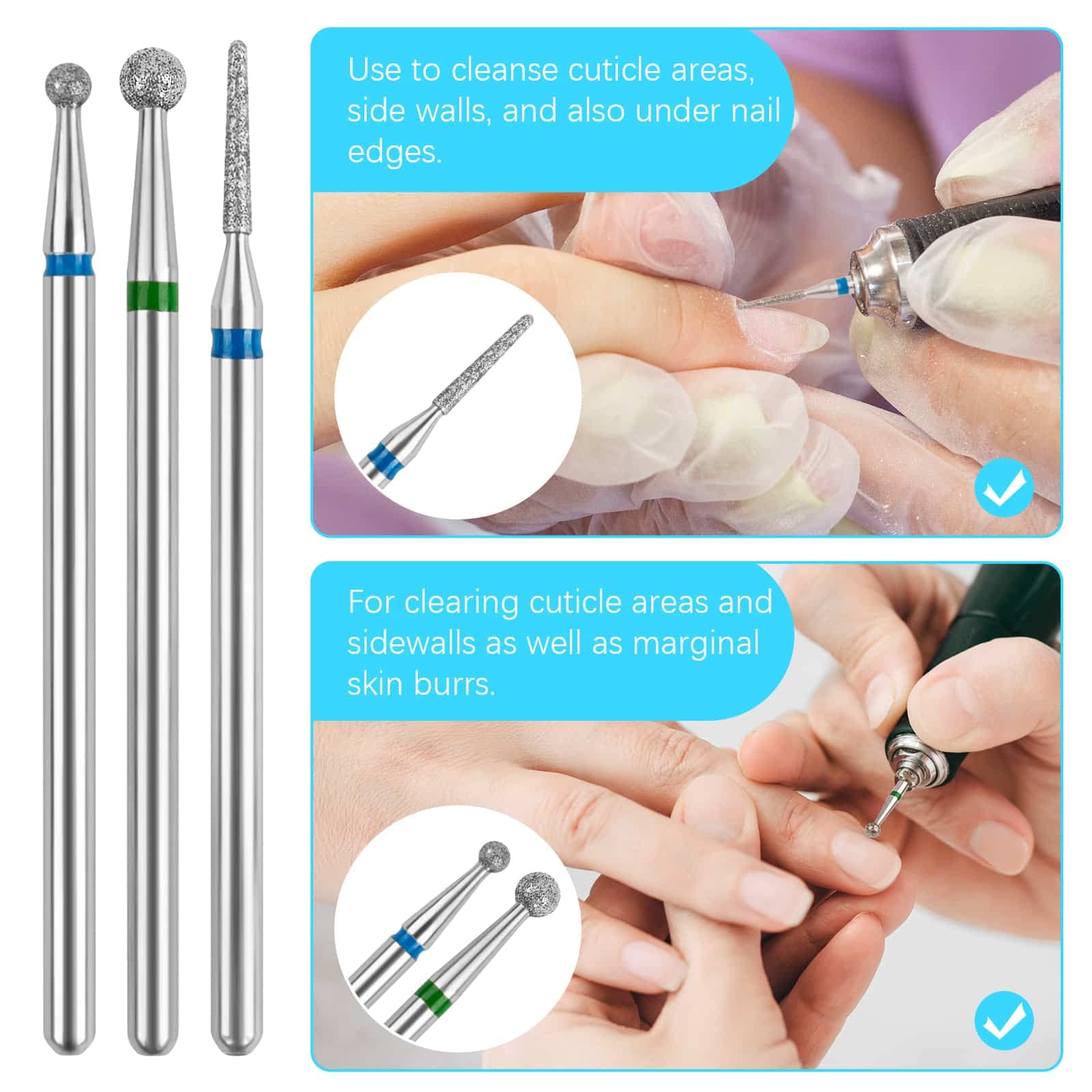Diamond Cuticle Drill Bits for Nails - 3pcs 3/32'' Electric Nail File Machine Pedicure Tools - Perfect for Salon & Home Manicure/Pedicure