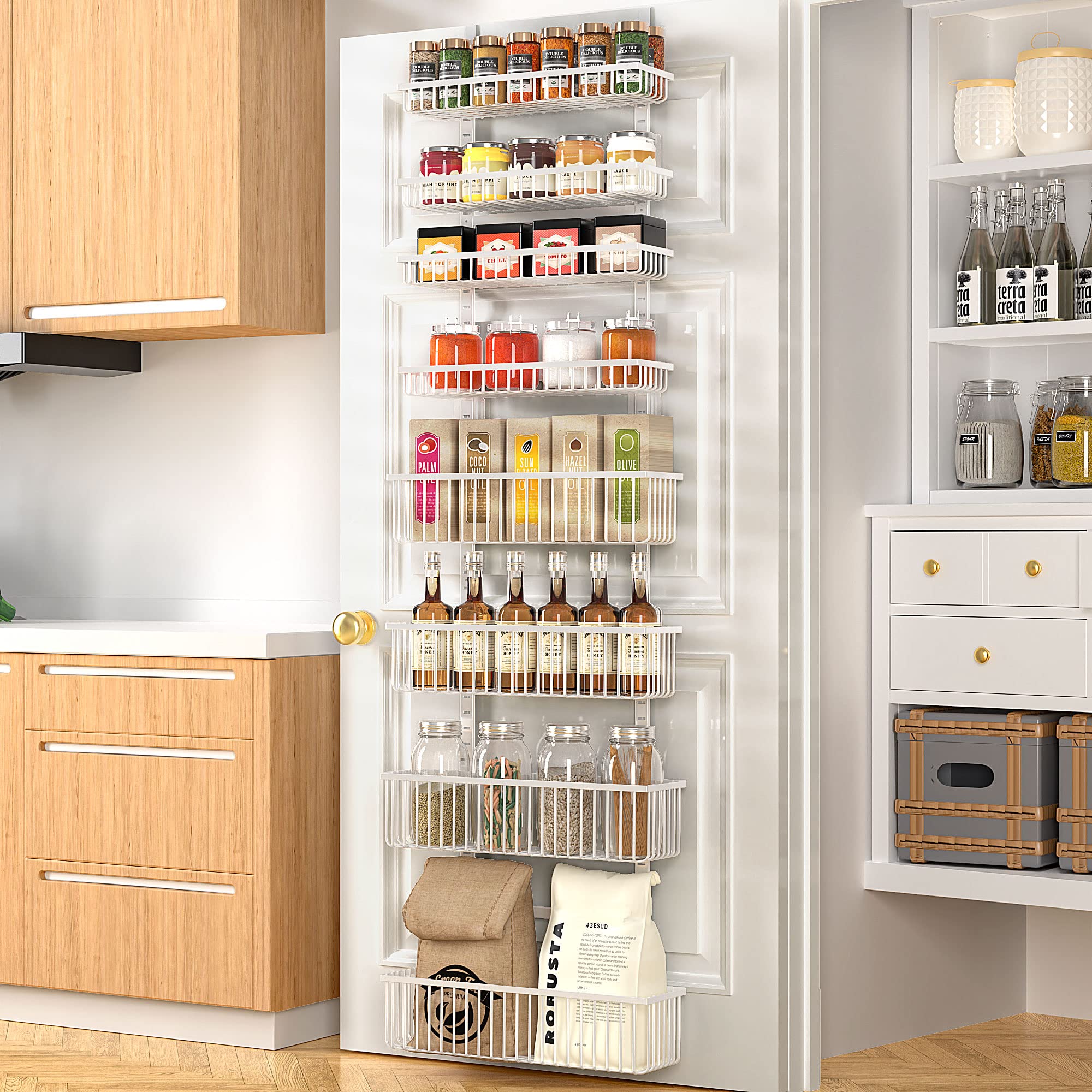 Moforoco White Over The Door Pantry Organizer - Metal Hanging Spice Rack Shelves for Kitchen & Laundry Room Storage - Space Saving Door Mounted Seasoning Shelves - Perfect for Pantry Organization & House Essentials - Ideal for Small Kitchens, Apartments, and Closet Storage