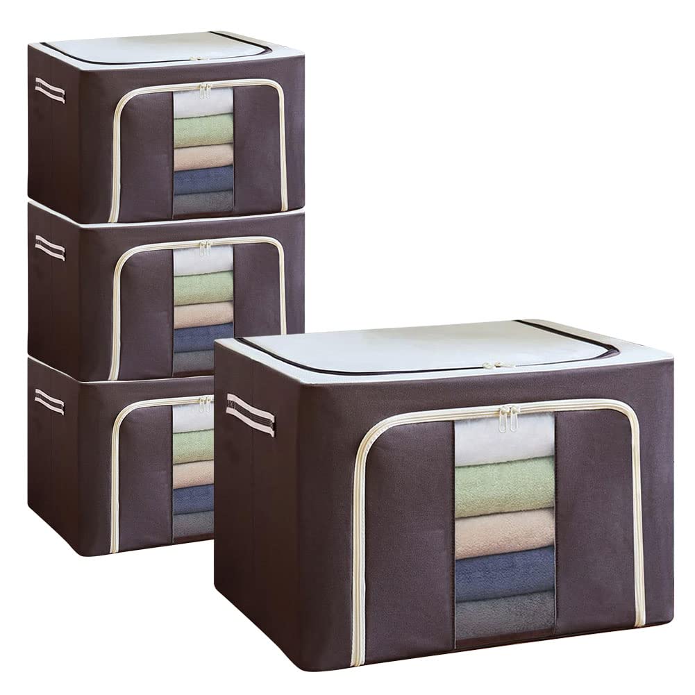 Dimusel 100L Foldable Clothes Storage Bins [4 Pack] - Clear Window Organizer Bags with Steel Frame & Durable Handles for Clothing, Blankets, Comforters (Coffee) - Perfect for Closet, Bedroom, and Seasonal Storage Organization
