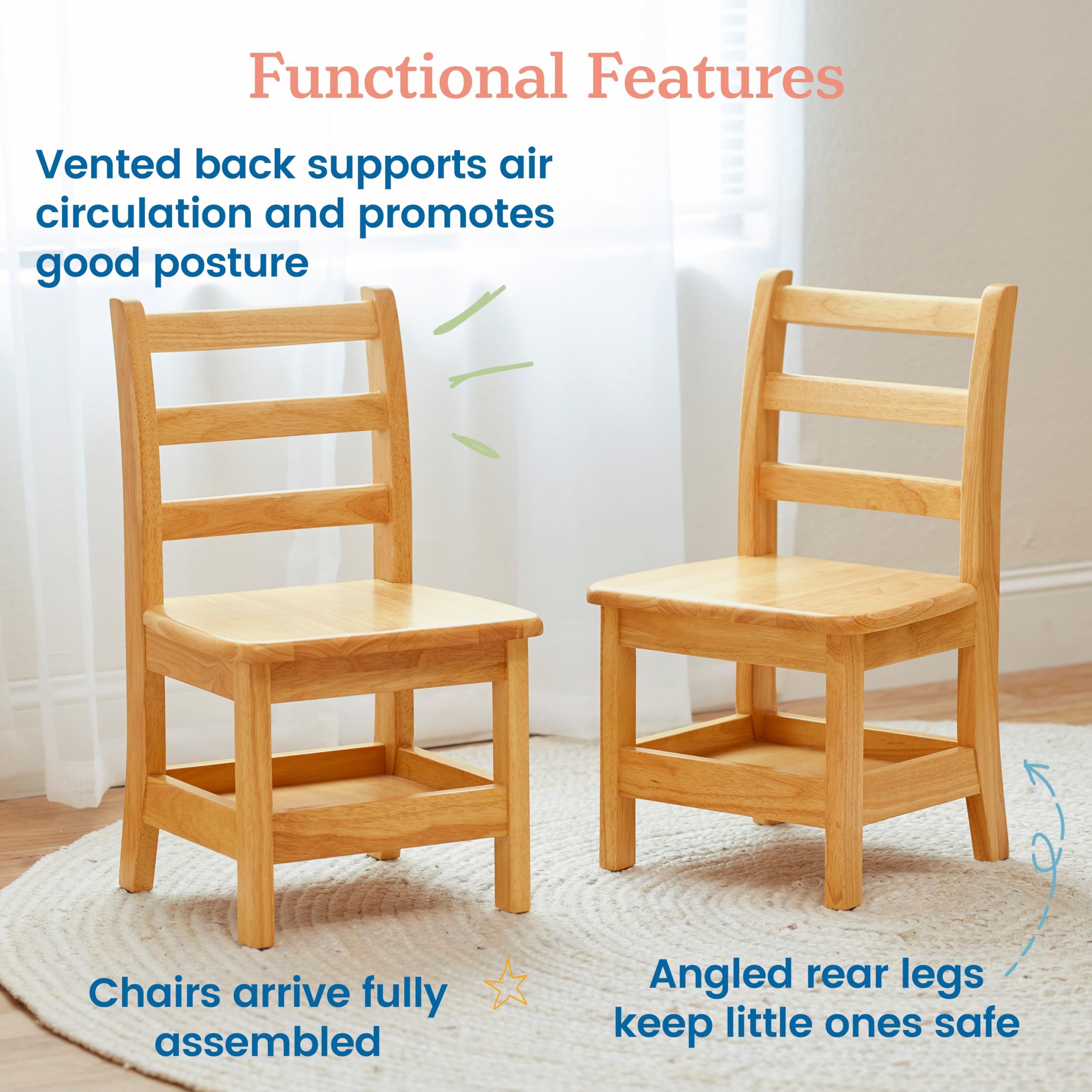 ECR4Kids 2-Pack Three Rung Ladderback Chairs with Storage - 12 Inch Seat Height, Honey Color - Perfect for Classroom Seating, Daycare, and Home Learning Spaces