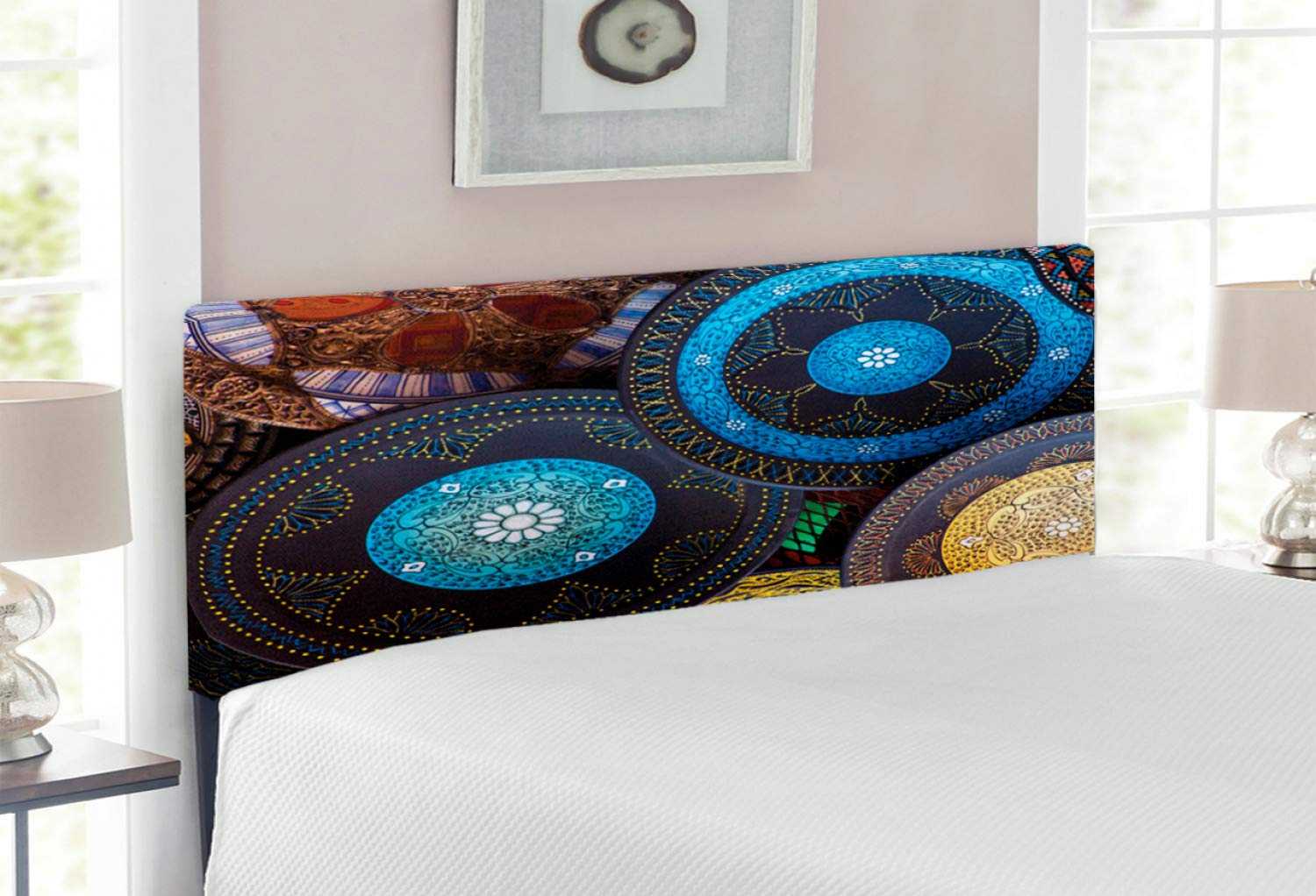 Ambesonne Moroccan Upholstered Headboard - Handcrafted Metal Bed Headboard with Memory Foam, Full Size, Multicolor | Vintage Moroccan Market Design for Bedroom Decor | Perfect for Boho, Traditional & Luxury Bedroom Styles