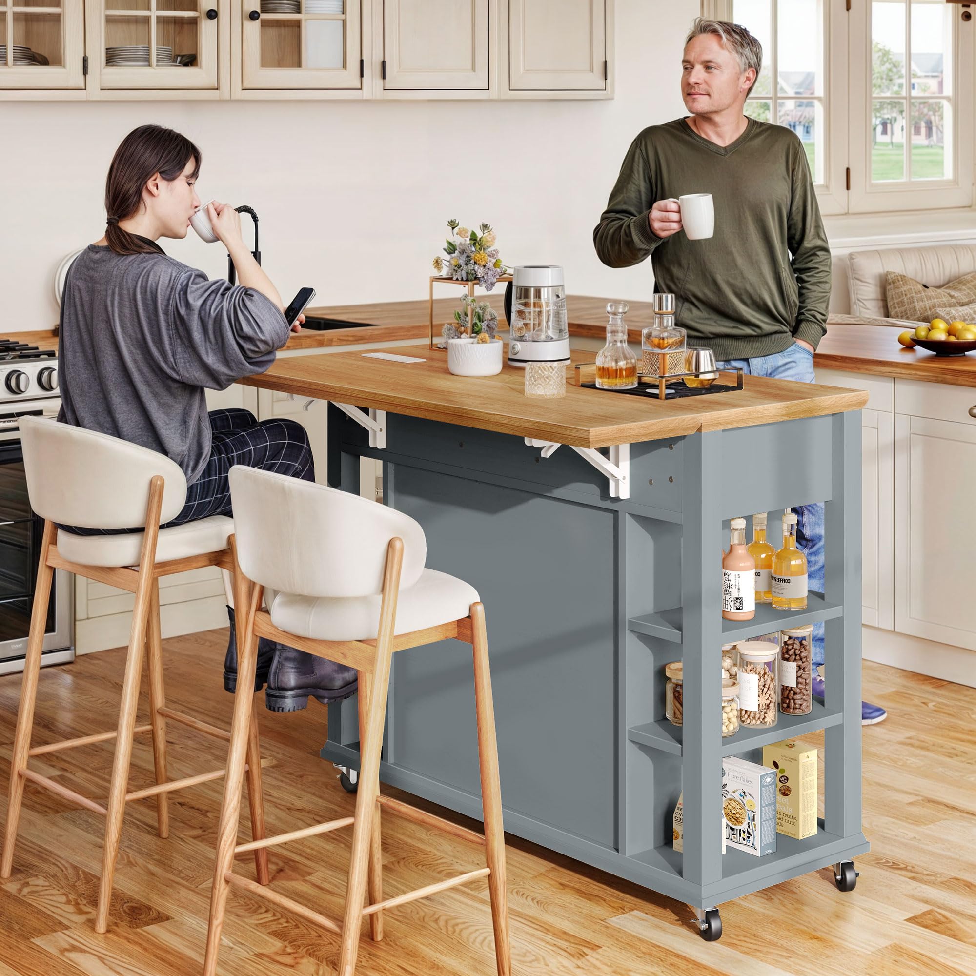 YITAHOME Kitchen Island with Drop Leaf & Power Outlet - Rolling Kitchen Cart on Wheels, Americana Style Cabinet with Open Shelves & Thick Rubberwood Top - Grey Blue for Small Kitchen, Dining Room & Apartment Cooking Space
