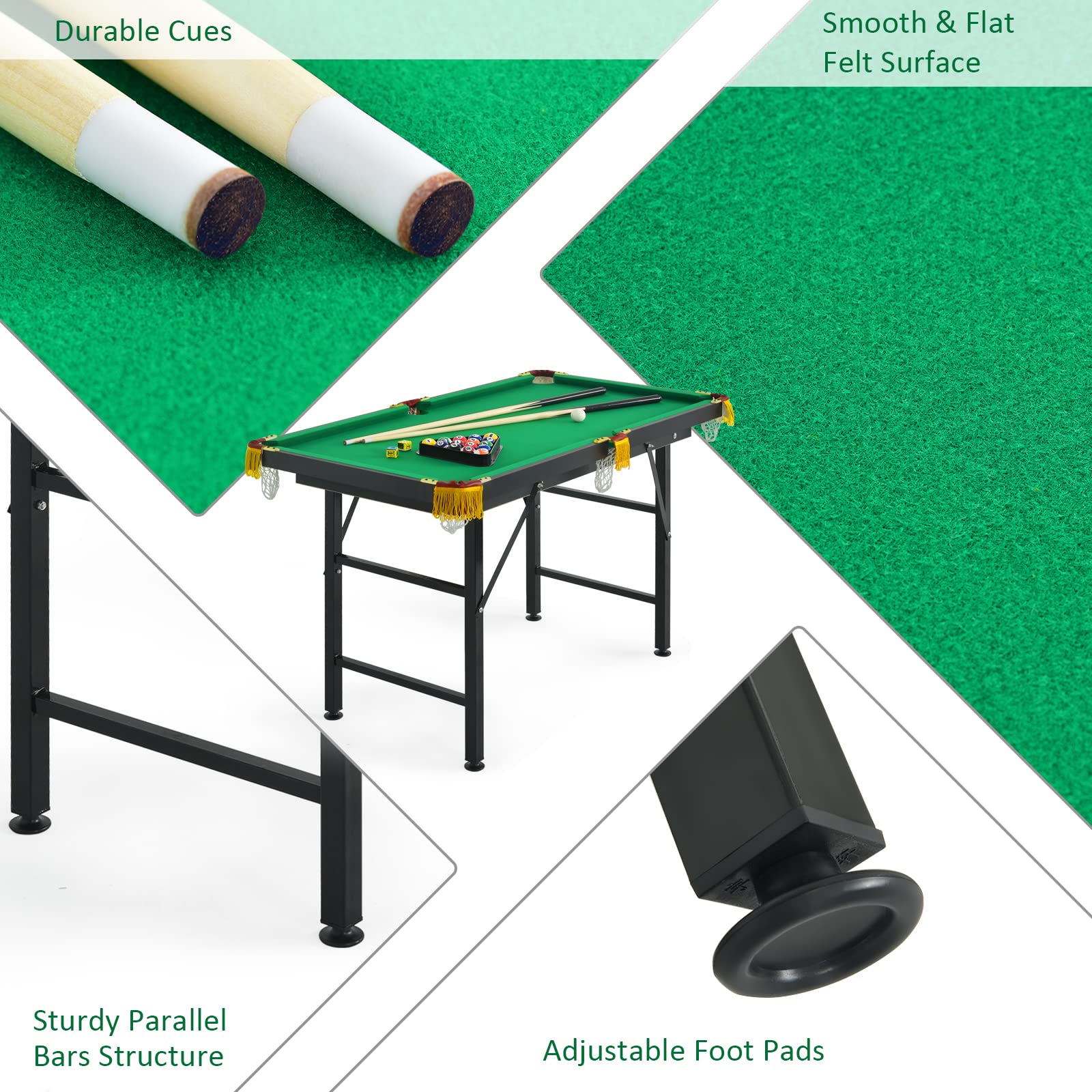 OLAKIDS 47 Inch Portable Folding Billiards Table Set - Includes 2 Billiard Cues, Balls, Triangle Rack, Brush & Chalk - Compact Pool Table for Kids, Adults, Family & Office - Perfect for Indoor Games, Birthday Gifts & Home Entertainment