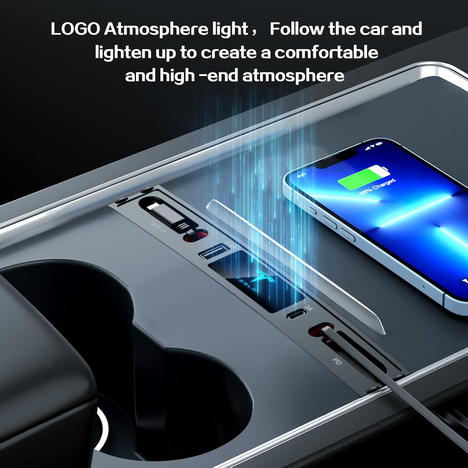 Premium Multi-Port USB Car Charger for Tesla Model 3/Y (2021-2023) - Fast Charging Tesla Accessories with Retractable Cable & Brand Logo - Perfect Tesla USB Hub & Gifts for Tesla Owners - Ideal for Road Trips & Daily Commuting