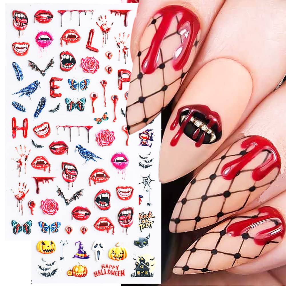 5D Halloween Nail Art Stickers - 3D Embossed Nail Decals with Strong Adhesive for Women, Girls & Kids | Perfect for Halloween Parties, Costume Accessories & Nail Art Designs