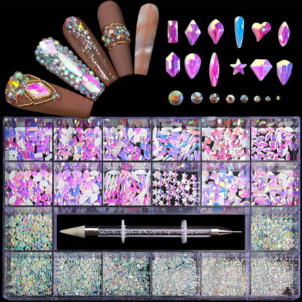 Professional Nail Art Rhinestones Kit - 3100pcs Multi-Shaped Glass Crystal AB Rhinestones for Nail Art & Crafts (Non-Hotfix Flatback Gems) | Perfect for DIY Manicures, Salon Nail Designs & 3D Nail Decorations