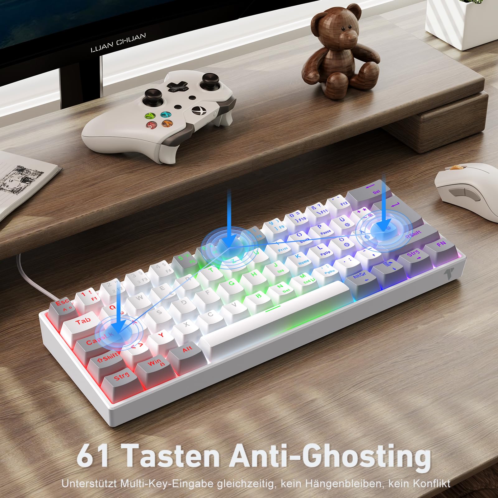 TECURS 60% Mechanical Gaming Keyboard with Blue Switches - Anti-Ghosting, LED Backlit, Wired USB for PC & PS4 (White & Grey) - Perfect for Competitive Gaming & Office Work