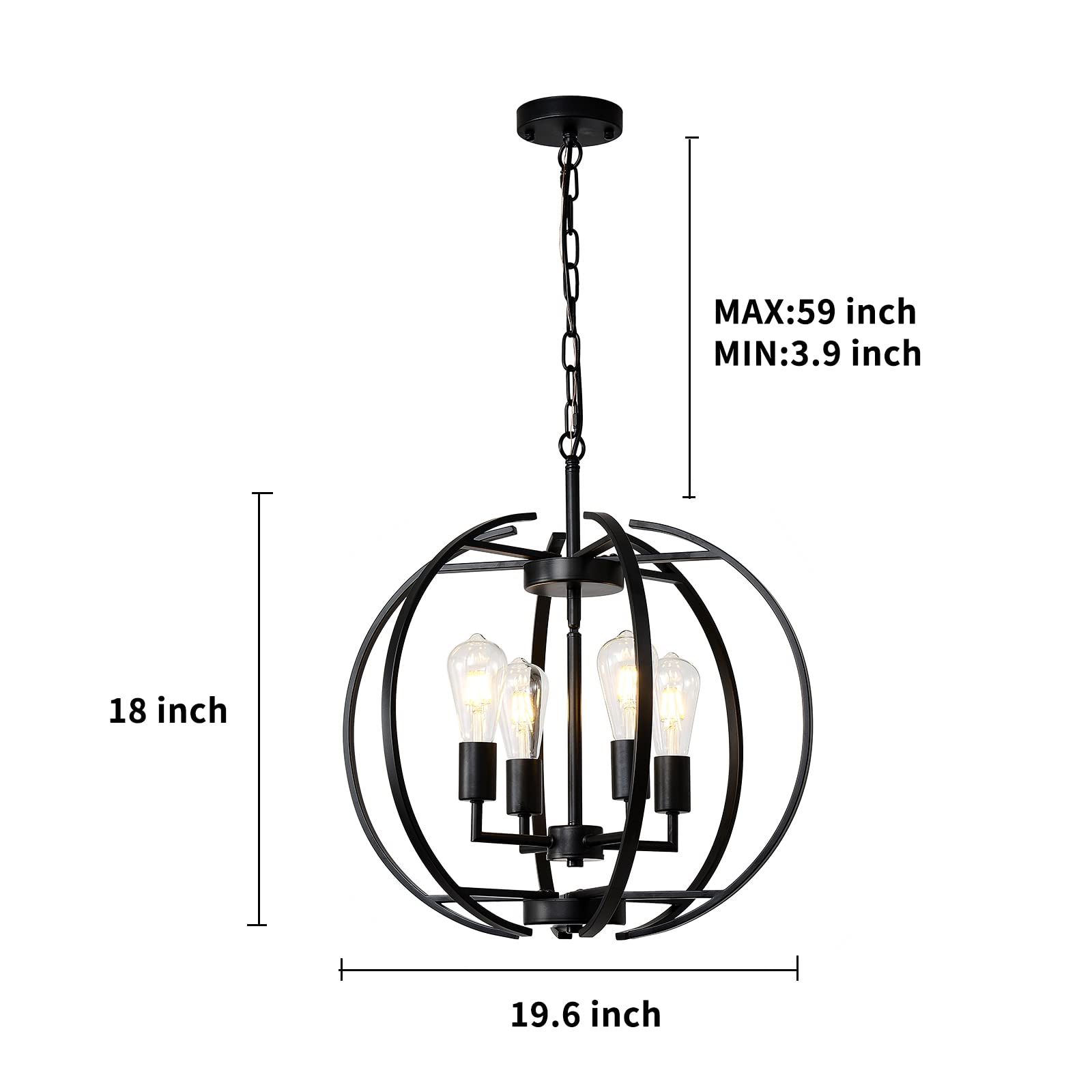 Large Black Farmhouse Chandelier - Adjustable 4-Light Pendant Lighting Fixture for Kitchen, Dining Room, Living Room & Hallway | Rustic Globe Lantern Ceiling Light for Home Decor & Cozy Ambiance