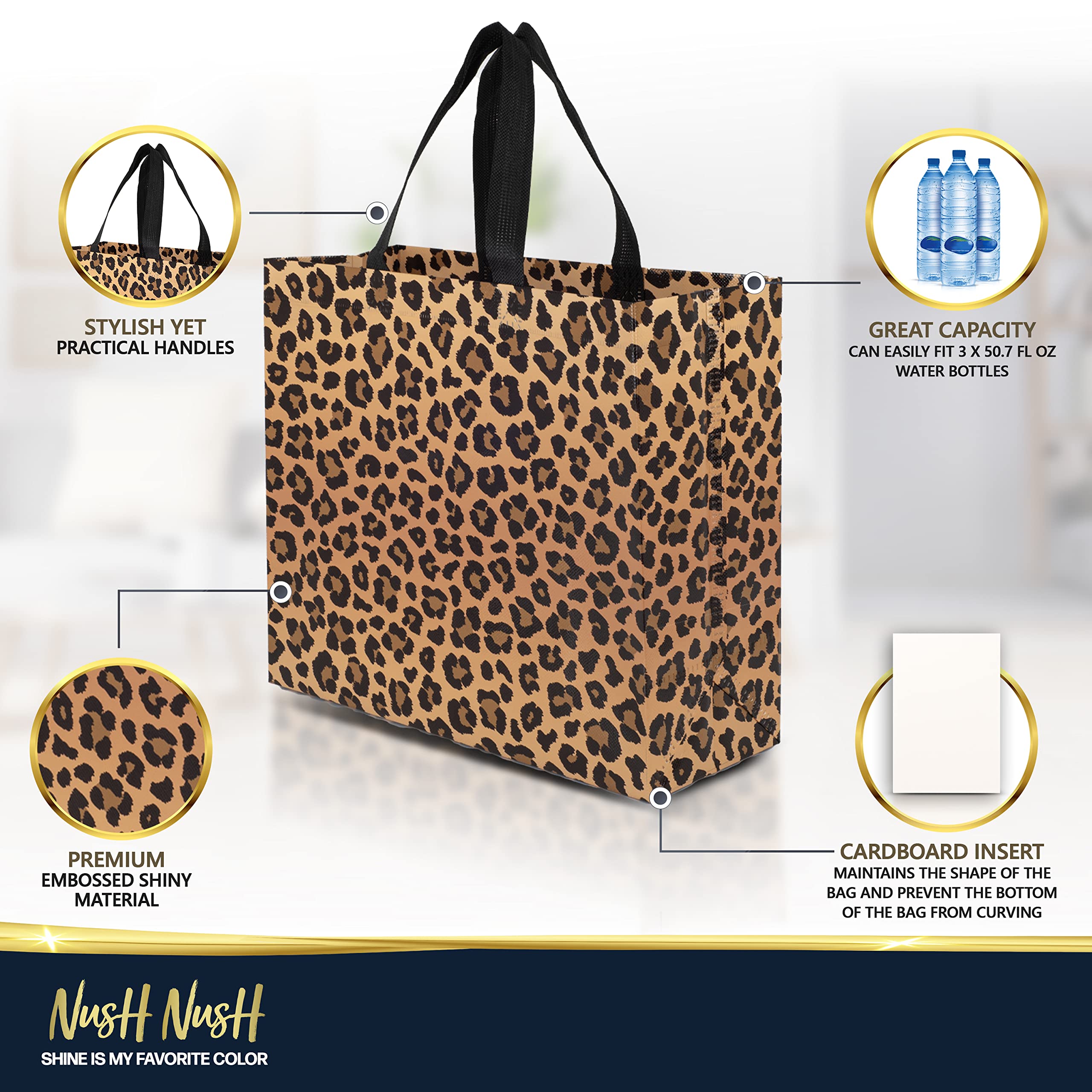 Nush Nush Leopard Print Gift Bags - Pack of 12 Large Reusable Cheetah Pattern Party Favor Bags with Handles (11x5x13 inches) - Perfect for Birthday Parties, Baby Showers & Wedding Favors